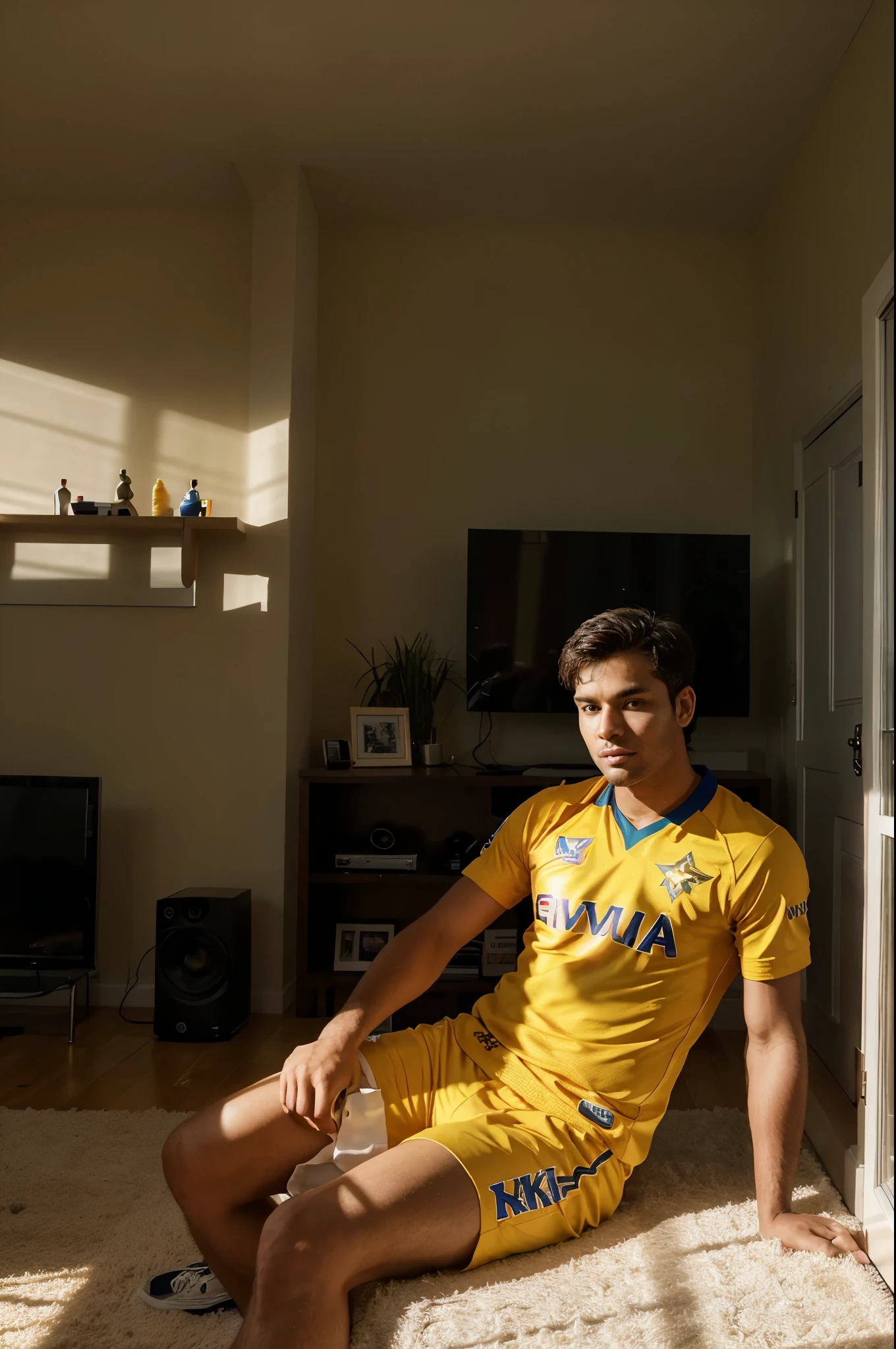 CskTeam Prompt👇👇
In a spacious, tastefully decorated living room, a lifelike scene unfolds. A young man, approximately 22 years old, engrossed in an IPL match, sits before a grand LED TV. He proudly sports a vibrant CSK Team jersey on which name "MDKAYUM" and the number "07 CSK" emblazoned boldly. The natural lighting cascades through the room, illuminating every detail, while the LED TV screen displays the match in all its glory, captivating the viewer's attention.