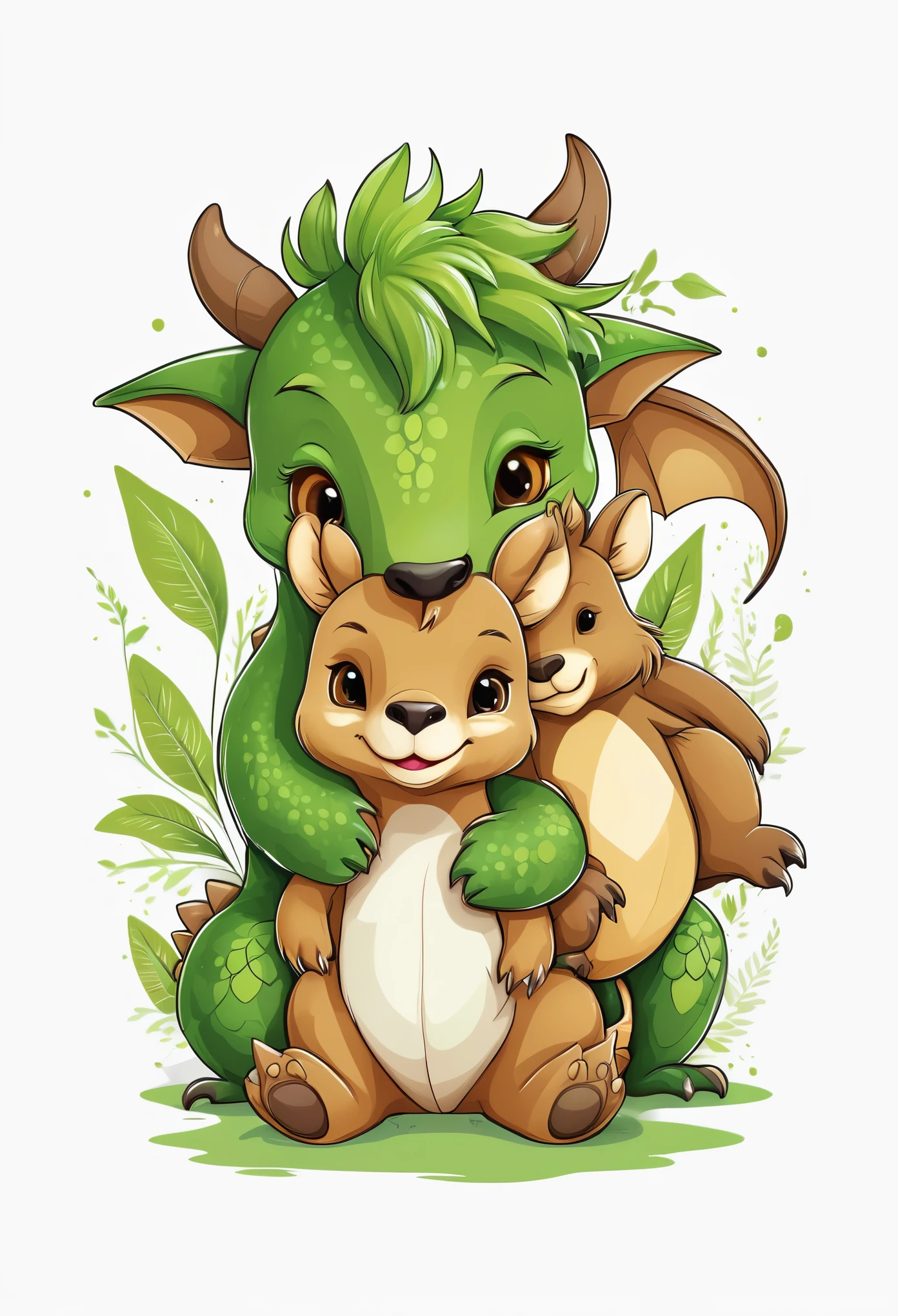 (Best quality,highres,Meisterwerk:1.2),Vektorgrafik, T-Shirt-Design, Cute dragon animal, Bear and kangaroo in green brown that is cute and cuddly, White background, Sticker-art, Comic-Style