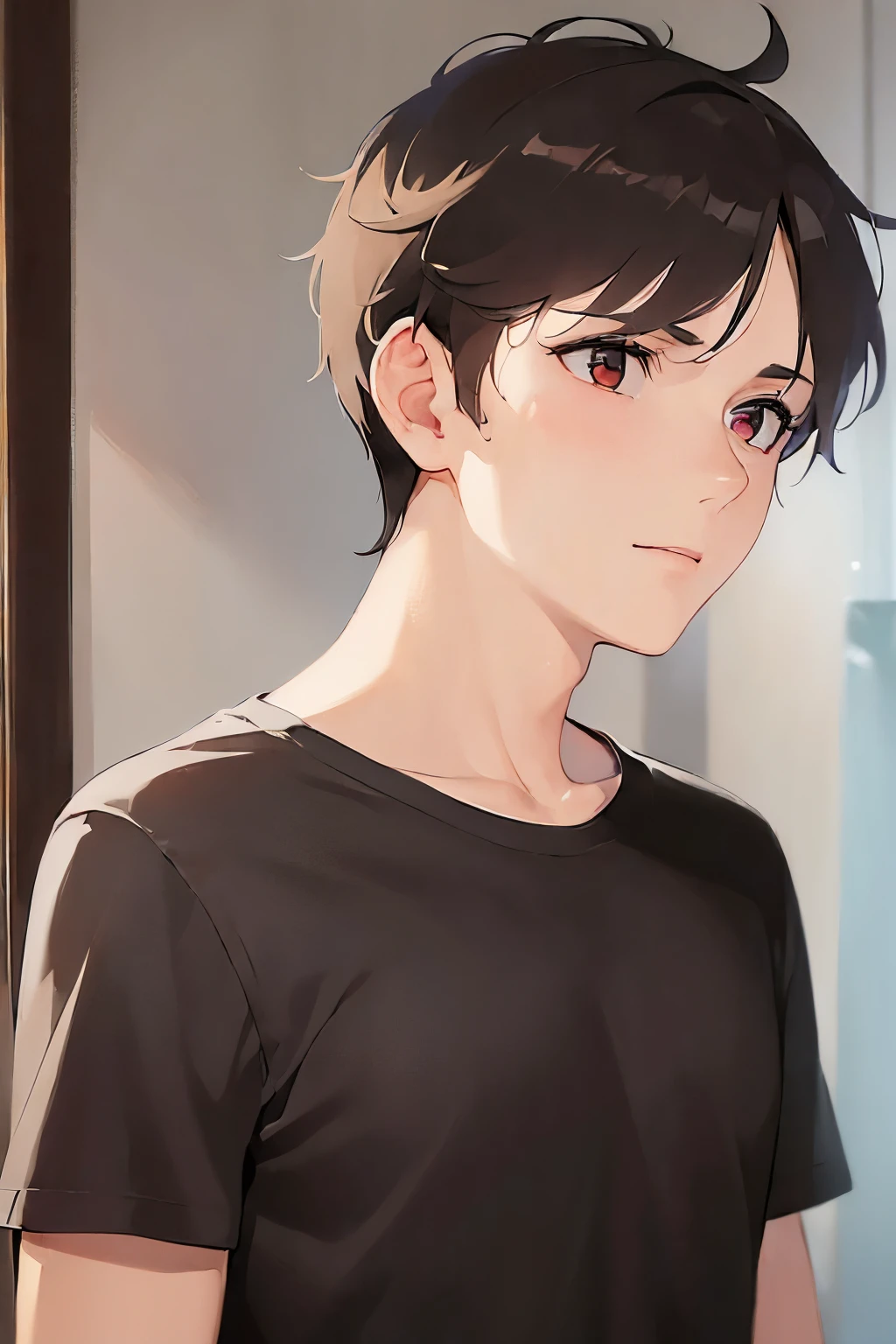 (looking away:2), side angle, Upper Body, Realistic, real person, RAW photo, photorealistic, portrait photography, shining screen, masterpiece、highest quality、(25 year old male:1.5) and (brown short hair) and (red eyes), Wearing a plain black T-shirt、Are standing、smile、The background is the living room、(Alone:1.5)