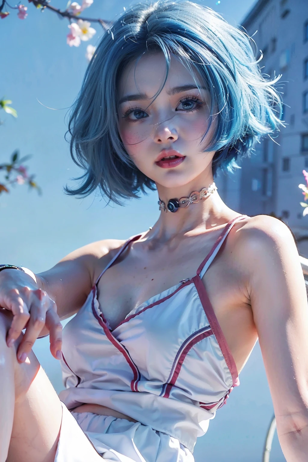 Anime girl with blue hair and white skirt sitting on the rock, guweiz style artwork, detailed digital animation art, anime styled digital art, anime style. 8K, digital animation art, stylized anime, anime styled 3d, advanced digital animation art, Digital animation illustration, anime atmosphere, 8K high quality detailed art
