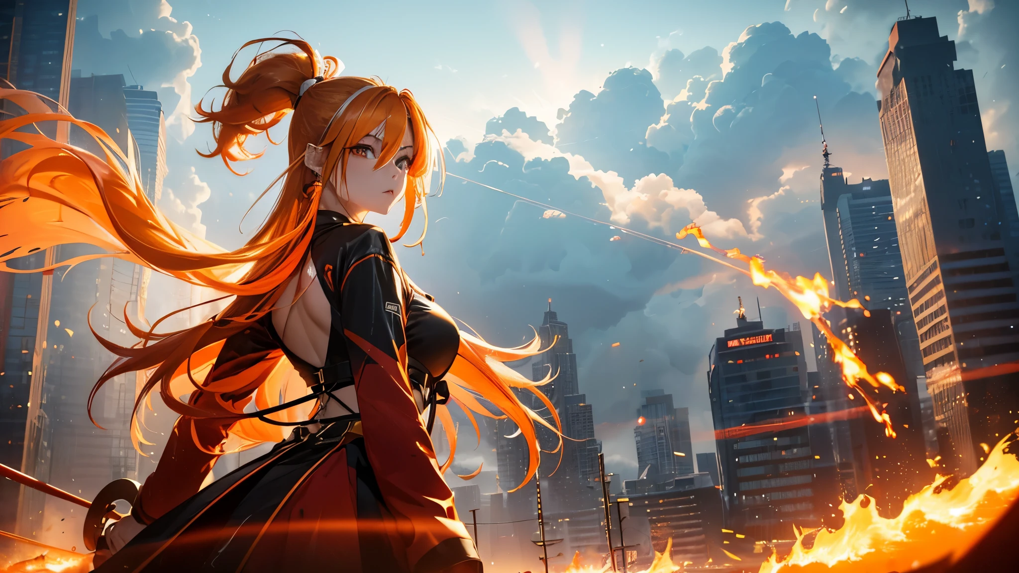 a 16 years old girl, (blonde hair gradient orange hair end:1.4), (streaked bright red hair:1.6), split long ponytail, hair strand, floating hair, (two huge red bells tied to ponytail), (Illusion red eyes), pupils sparkling, aqua eyes, ((glowing eyes)), like real eyes, orange red eyebrows, red lips, red crystal earrings, red envelope jacket, Red nails, (Red katana), (((floating flame on katana))), (absurdly super huge flame burning ring stand upright floating on the back:1.5), (((Floating in the sky of the city))), (((Floating on the clouds))), Random pose, magic circle halo, Colored grain swirl around the body, burning flame around the body, Focus on face, Futurism, anime, sparkle, ray tracing, reflection light, god rays, backlighting, (glowing light), Ultra-Wide Angle, chiaroscuro, UHD, masterpiece, super detail, best quality, highres, ccurate, retina