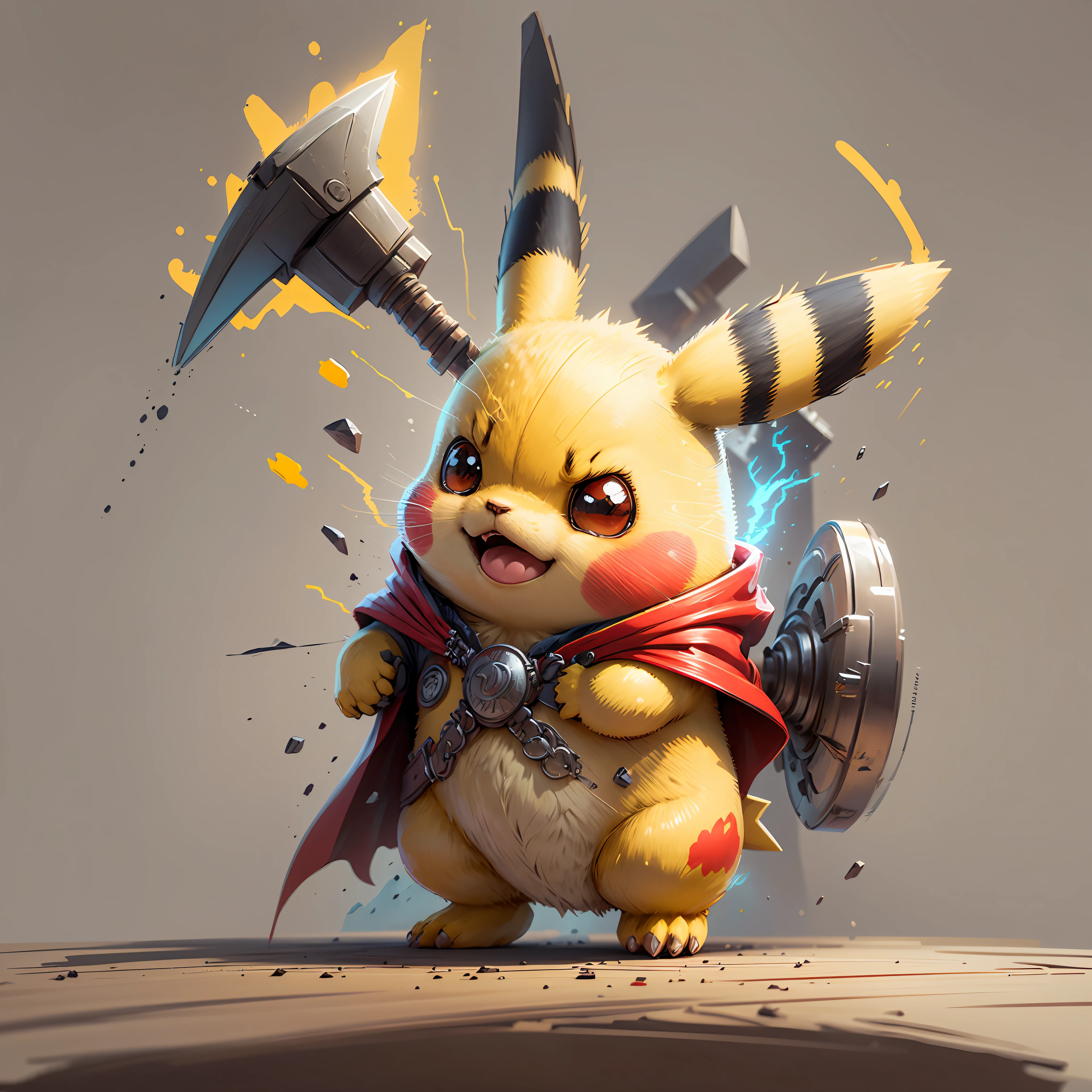 Start with a basic sketch of Pikachu., con un martillo de Thor en una mano y una capa roja con detalles dorados.

Add some Thor features like a winged helmet and boots with metallic details to give the character a more authentic touch..

Para darle un toque esponjoso a Pikachu, exagerar las dimensiones de su cabeza y orejas y agregar mejillas sonrosadas.

Utilice vibrante, colores alegres para darle vida a tu dibujo, con sombras y luces que crean profundidad y textura.

Add a suitable background to the drawing., such as a setting that shows Pikachu in action or a simple background that does not distract from the character.

Para terminar, add some clean, sharp lines that highlight the character&#39;s features and add an extra touch "dibujos animados" toca el dibujo. --auto --s2
