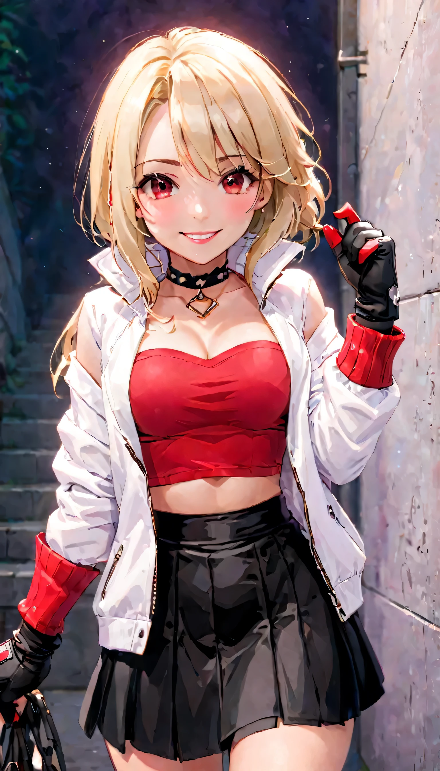 (best quality:1.2),solo,1girl,mdrin,smile,looking at viewer,imponent pose, eyebrows,white jacket,red shirt,fingerless gloves,black skirt,choker! Blonde 