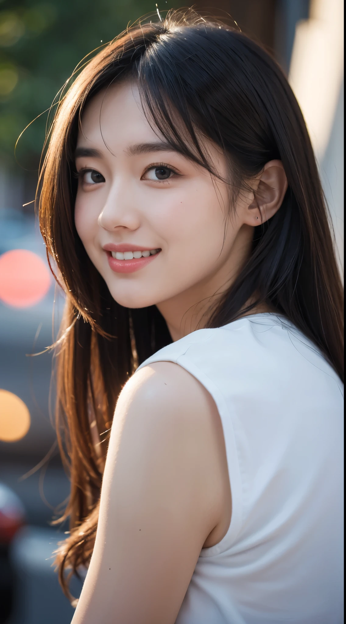 Drawing Portrait girl beautiful Bokeh Pelzval. 8K HDR, Photography. Smile cute.