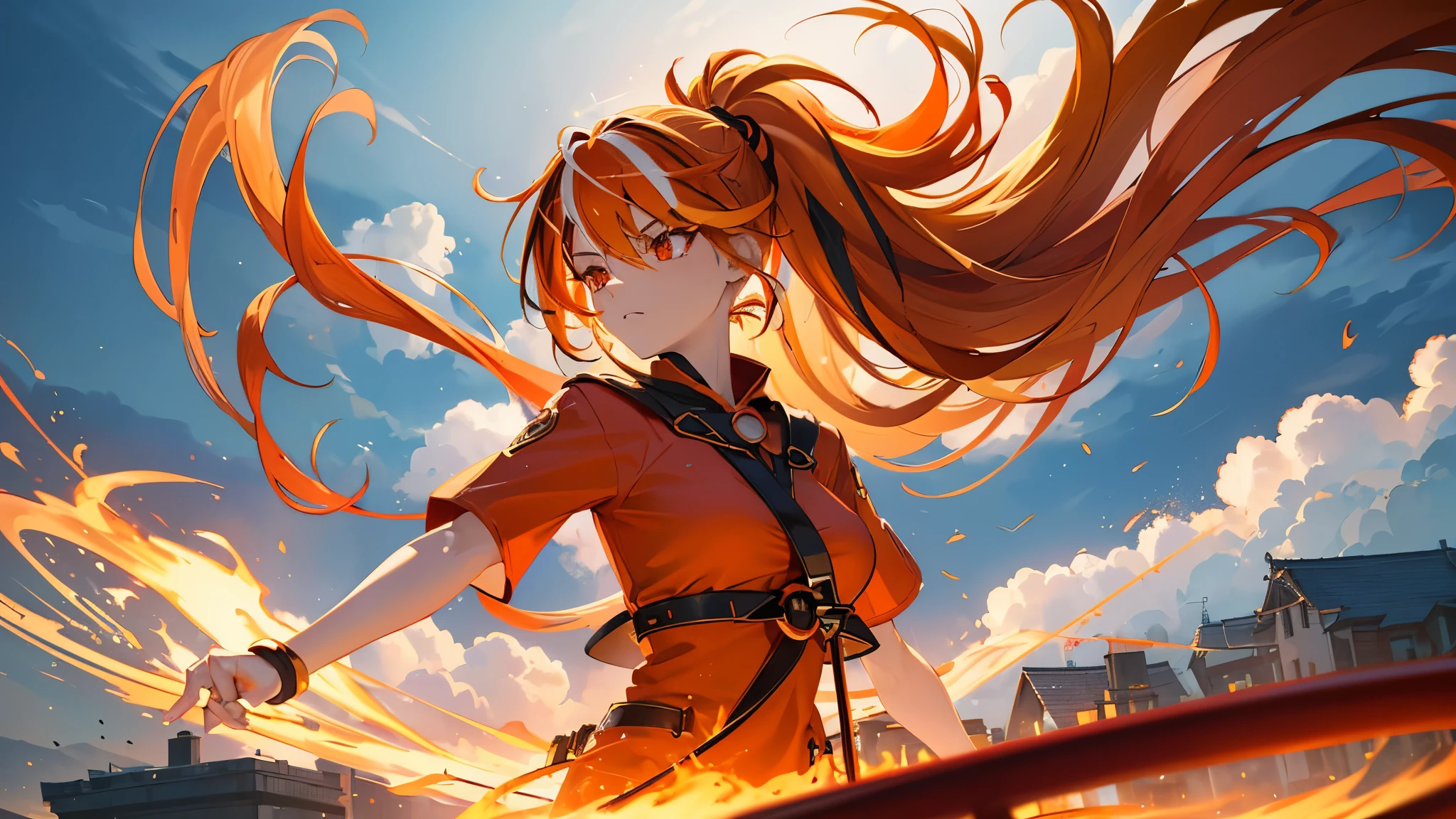a 16 years old girl, (blonde hair gradient orange hair end:1.4), (streaked bright red hair:1.6), split long ponytail, hair strand, floating hair, (two huge red bells tied to ponytail), (Illusion red eyes), pupils sparkling, aqua eyes, ((glowing eyes)), like real eyes, orange red eyebrows, red lips, red crystal earrings, red envelope jacket, Red nails, (Red katana), (((floating flame on katana))), (absurdly super huge flame burning ring stand upright floating on the back:1.5), (((Floating in the sky of the city))), (((Floating on the clouds))), Random pose, magic circle halo, Colored grain swirl around the body, burning flame around the body, Focus on face, Futurism, anime, sparkle, ray tracing, reflection light, god rays, backlighting, (glowing light), Ultra-Wide Angle, chiaroscuro, UHD, masterpiece, super detail, best quality, highres, ccurate, retina