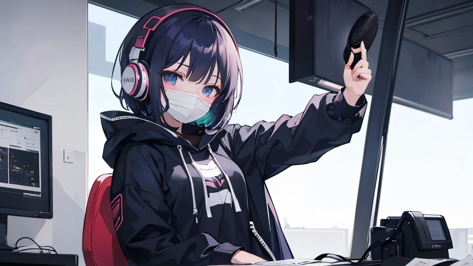 1 MASK women, with headphone, and Professional Condenser Microphone, locking at camera, wearing office outfint, sitting in front of camera, blank backgroung (ANIME MAK GIRL)