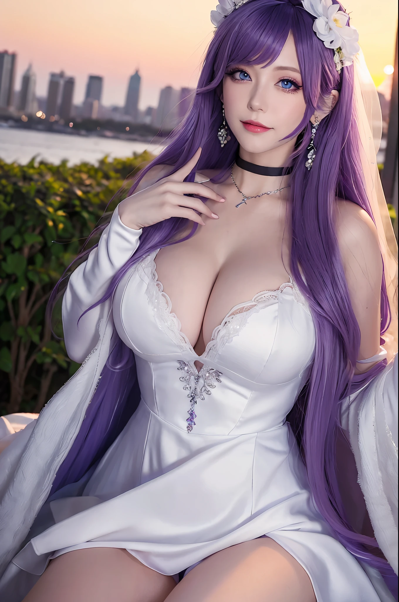 (Masterpiece), (Best quality), In winter, Sunset, Cityscape, (Huge_filesize), (Real), (Realistic), Girl, Long hair, Purple hair, Wavy hair, Makeup , Light smile, Blue eyes, Medium breasts, Wedding_dress, Bare_bshoulders, white thighhighs, Earrings, jewelry, Black choker , necklace, Turning around,