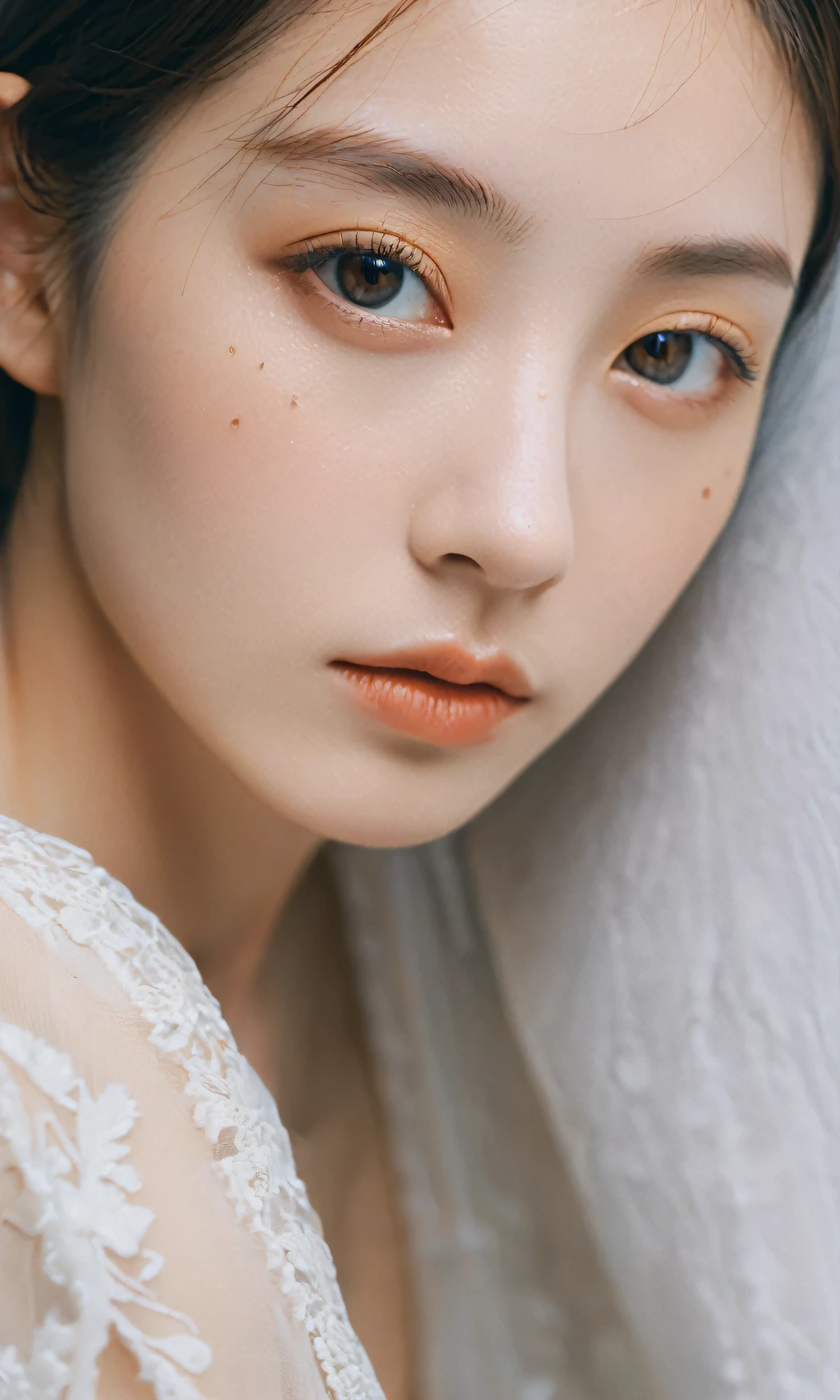 xxmixgirl,Thorough, analog style, eye focus, highest quality, (highly detailed skin), photo of a exquisitely beautiful pale skin, 21yo, perfect face, alluring eyes, [seductive makeup], skin pores, indoor, messy bedroom, (bokeh:1.2), sharp focus, dappled lighting, (backlighting), film grain, photographed on a Sony A7R IV, 18mm F/1.7 cine lens, (highly detailed, intricately detailed), 8k, HDR, seductively posing, front view, (uppper body: 1.2), studio light, Ultra-detailed face, Detailed eyes, Double eyelid, alice toggle, brown eye, (commercial), doll face, white studio background