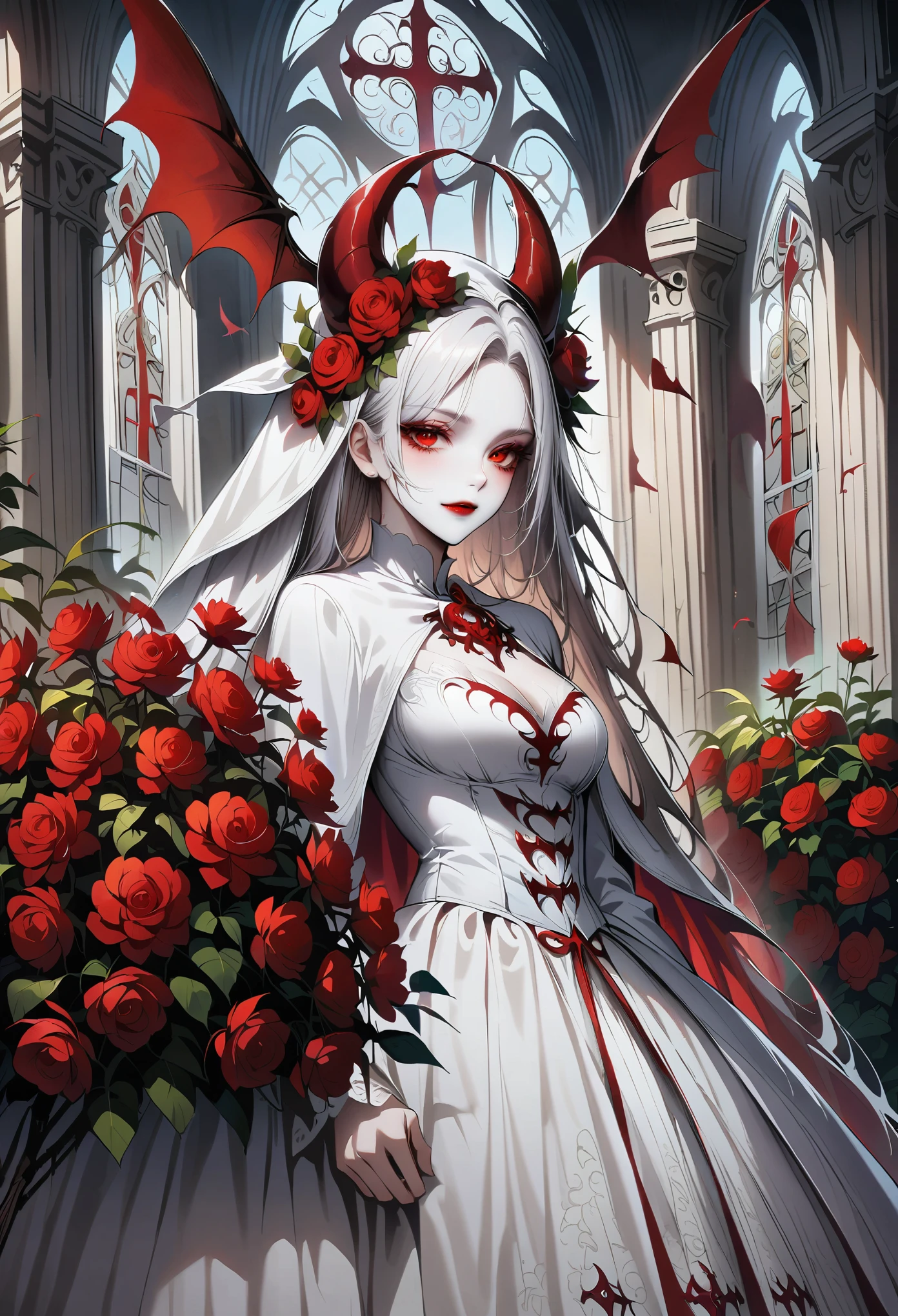 strange devil bride，pretty face，skeleton groom，church，red chrysanthemum，Flower of the other shore