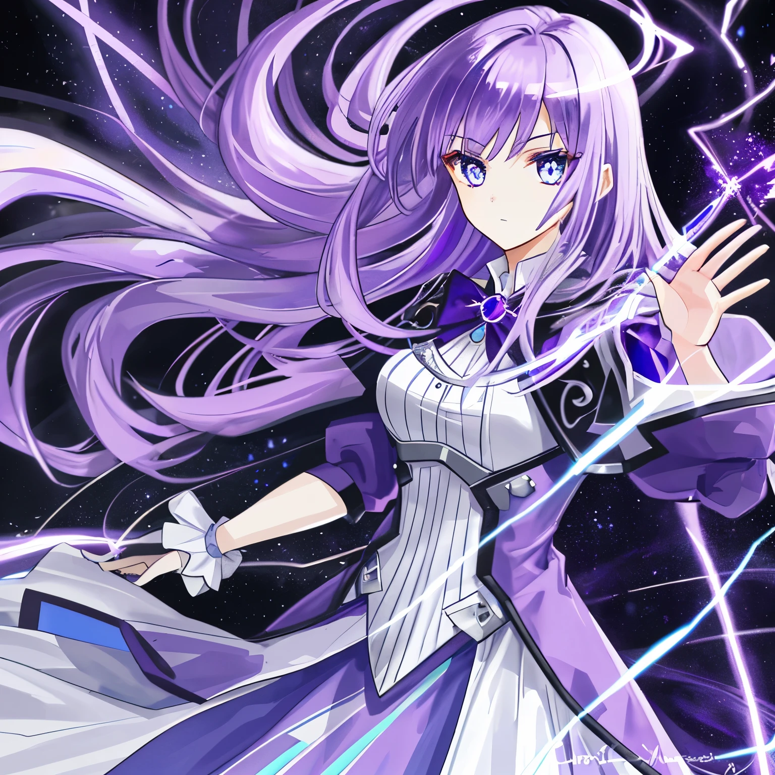 1 girl, purple hair, blue eyes, Lightning shape pupils, ((purple thunder magic emitting)), Royalty dress,