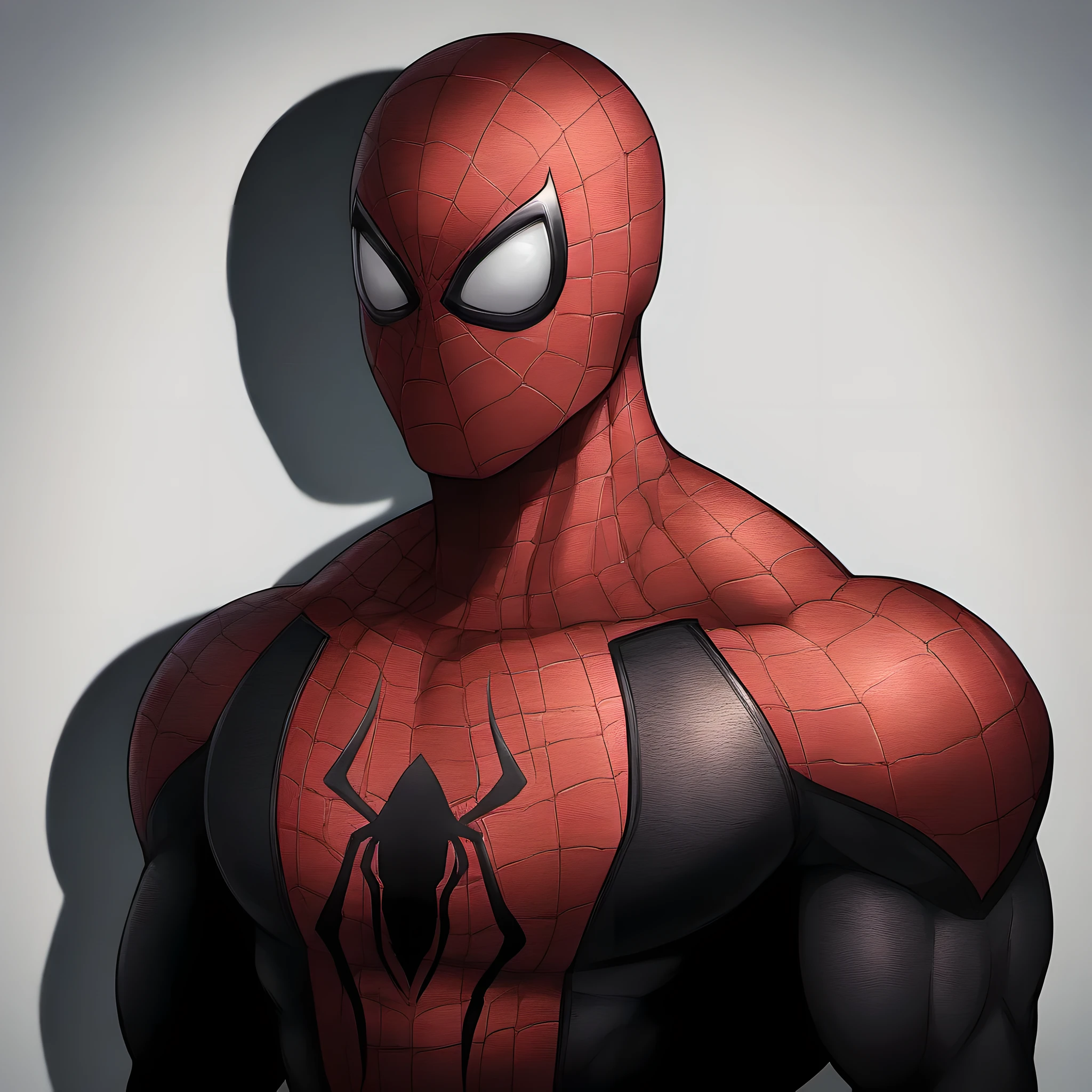 anime characters：Black Spider-Man, Muscular Spider-Man, male focus, No Spider-Man Logo, Upper body, Buzz Cut, eyes are sad shape, He wears a black tights, small grid texture, spiderman mask, Spider-Man logo, muscular male, Extra large breasts, only, alone, White background, simple background, amazing quality, best aesthetics, Ridiculous, crew cut, drop shadow, best quality