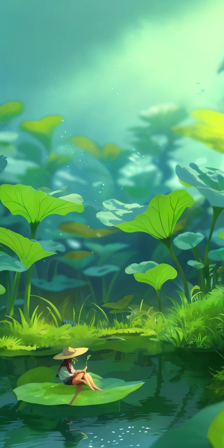There is a woman sitting on a lily pad in a pond - SeaArt AI
