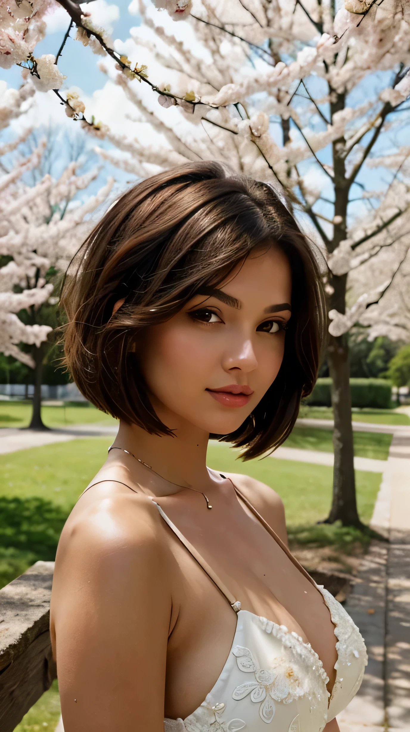 breasts, brown hair, looking at viewer,, best quality, very aesthetic, beautiful face, (bob cut black hair), beautiful spring scenery, (masterpiece:1), (photorealistic:1)