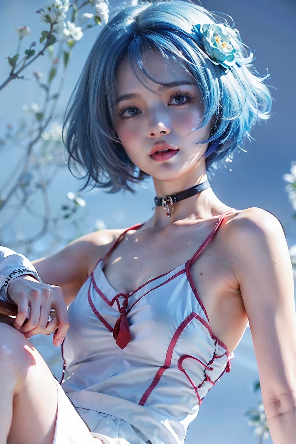Anime girl with blue hair and white skirt sitting on the rock, guweiz style artwork, detailed digital animation art, anime styled digital art, anime style. 8K, digital animation art, stylized anime, anime styled 3d, advanced digital animation art, Digital animation illustration, anime atmosphere, 8K high quality detailed art