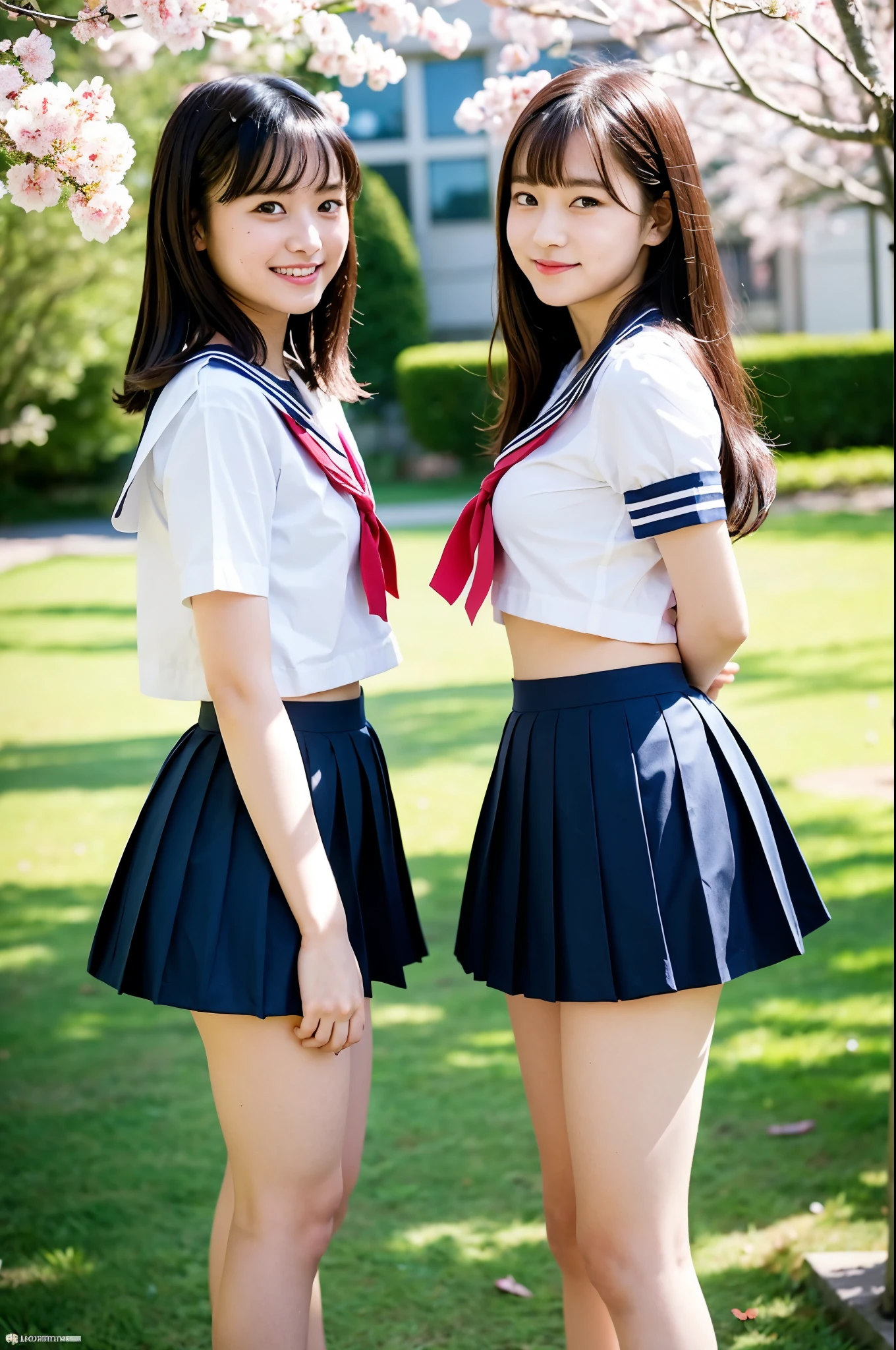 2 girls in cherry blossom school yard,sailor shirt,navy blue pleated skirt,white floral thong,18-year-old,bangs,a little smile,thighs,knees,barrette,from below,front light