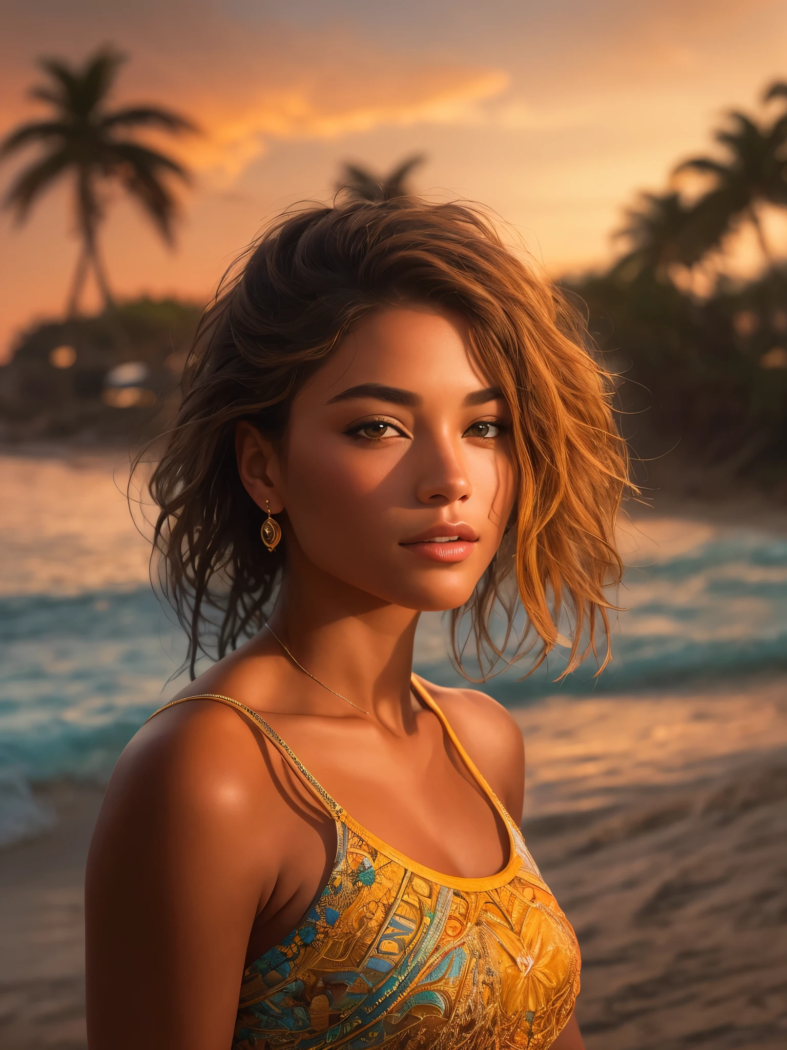 A stunning portrait of a beautiful woman, capturing every detail in high-resolution and ultra-detailed realistic style. Her lifelike colors radiate a vibrant palette, reflecting the warm hues of a glowing sunset over a tranquil beach scene. The photorealistic image showcases the intricacies of her features, bringing out the true textures of her skin under the HDRI lighting. The professional composition utilizes both sharp focus and bokeh, perfectly balancing the depth of the scene and highlighting the physical beauty of the subject. Set against the backdrop of crashing waves and lush palm trees, this image is a true masterpiece of physically-based rendering, beautifully