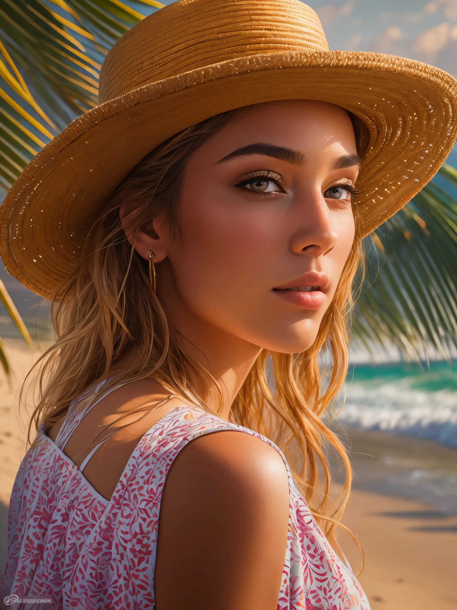 A stunning portrait of a beautiful woman, capturing every detail in high-resolution and ultra-detailed realistic style. Her lifelike colors radiate a vibrant palette, reflecting the warm hues of a glowing sunset over a tranquil beach scene. The photorealistic image showcases the intricacies of her features, bringing out the true textures of her skin under the HDRI lighting. The professional composition utilizes both sharp focus and bokeh, perfectly balancing the depth of the scene and highlighting the physical beauty of the subject. Set against the backdrop of crashing waves and lush palm trees, this image is a true masterpiece of physically-based rendering, beautifully