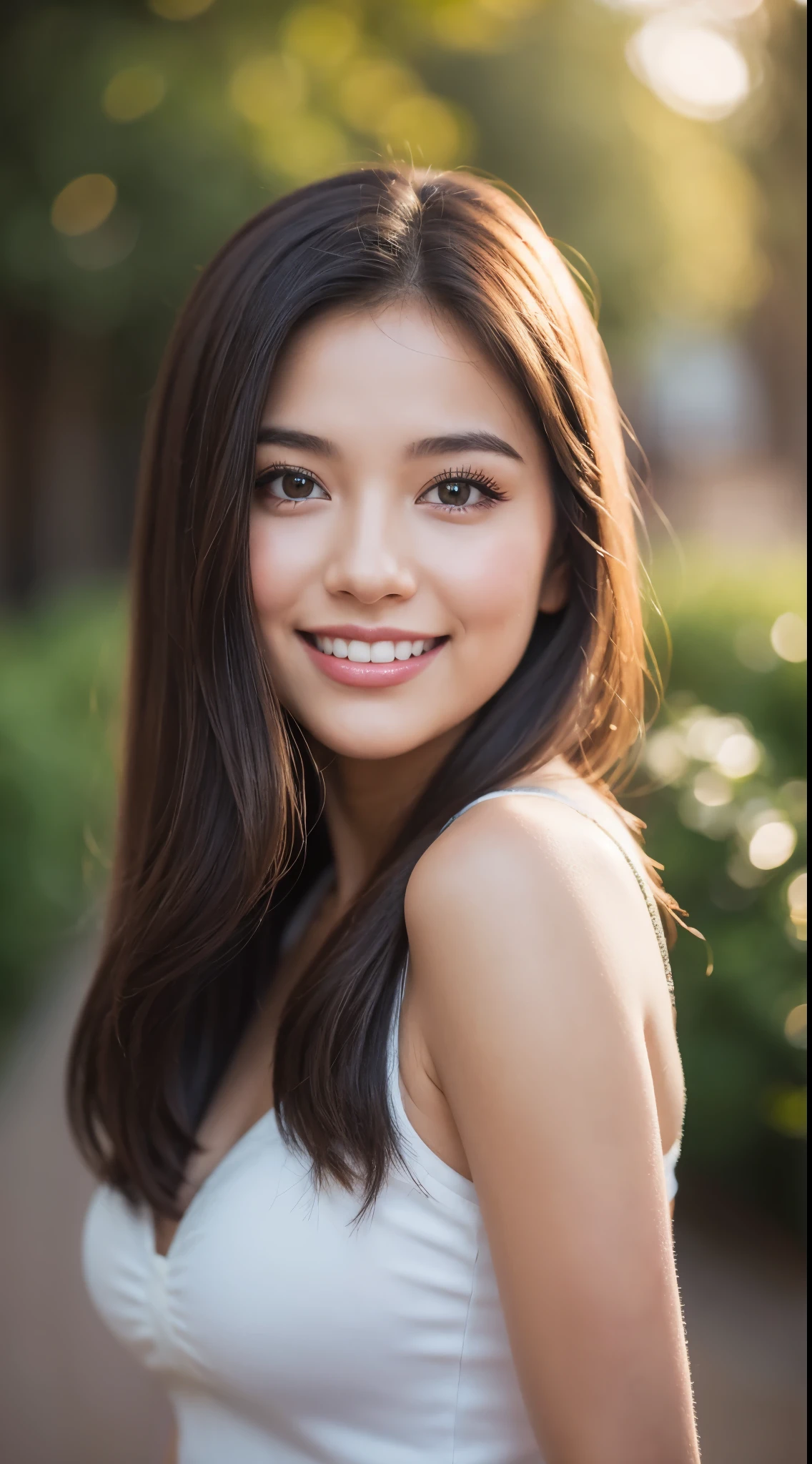 Drawing Portrait girl beautiful Bokeh Pelzval. 8K HDR, Photography. Smile cute.