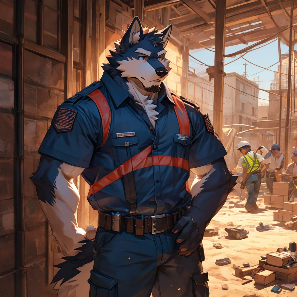 masterpiece, best quality, furry, wolf, handsome, detailed eyes, masculine, sweaty, construction worker, bara, musk, musky, construction site, construction outfit, topless