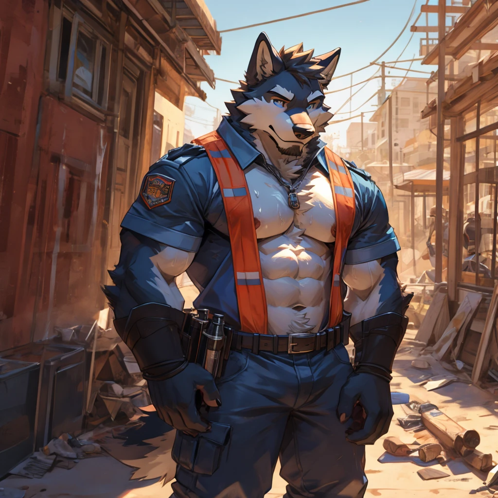 masterpiece, best quality, furry, wolf, handsome, detailed eyes, masculine, sweaty, construction worker, bara, musk, musky, construction site, construction outfit, topless