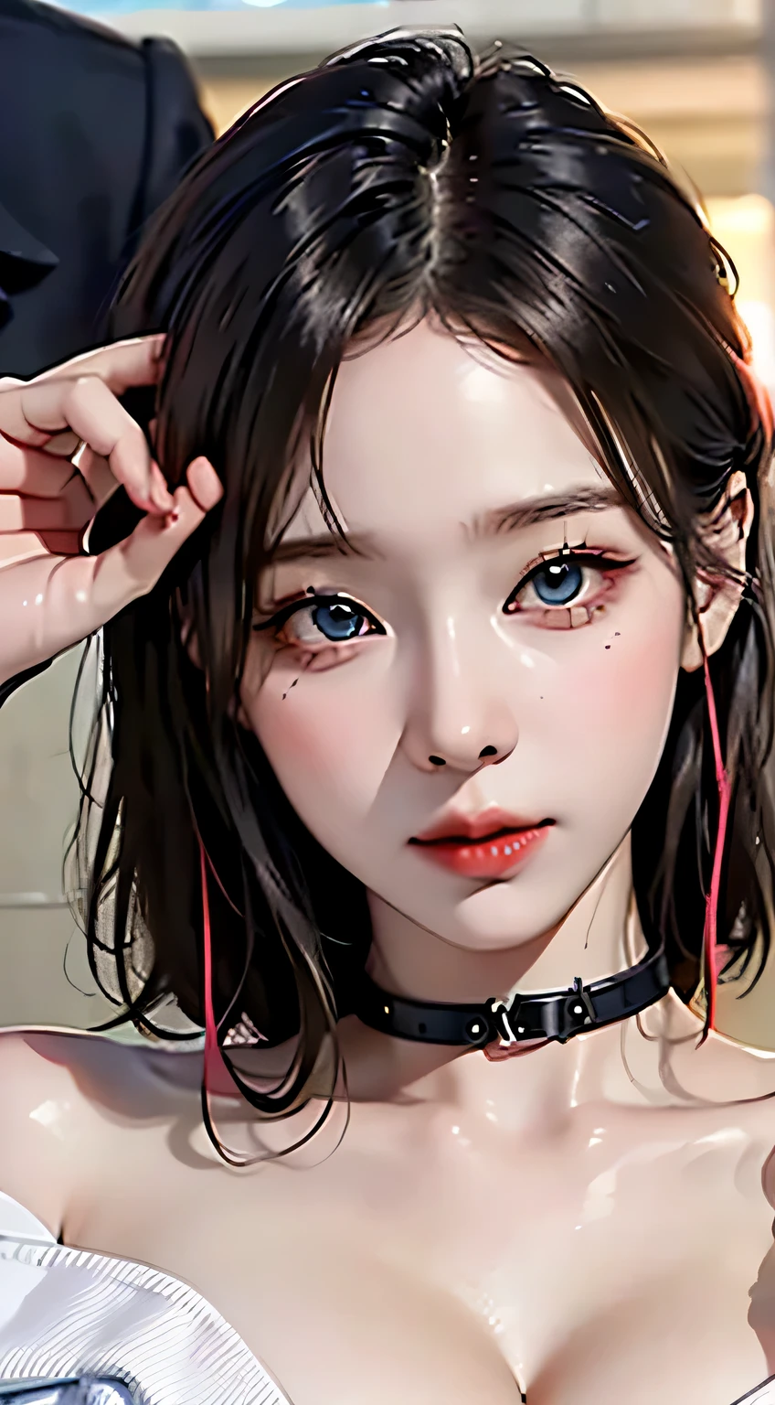 (Photoreal:1.4, 8K), highest quality, masterpiece, 超A high resolution, perfect dynamic composition, Highly detailed skin and facial textures:1.3, detailed eye, Detail of limbs, dense urban background, 1 girl, Cute sexy 25 year old slim woman, Fair skin, tilt your head, ((naked:1.1)), ((Huge breasts that are about to burst:1.0, sharp focus, huge cleavage:1.15)), ((detained:1.1, bondage:1.1, bound:1.1)), (completely enchants you:0.9), (Bright Black Leather High Color Off Shoulder:1.2), (beautiful blue eyes, Eyes that feel beautiful eros:0.85), sexy face:0.4, blush:1.1, (A taste that gives you a beautiful sense of eroticism:0.85), professional camera work, Cultivate the effect of light, ((big plans)), ((Too erotic:0.9)), ((