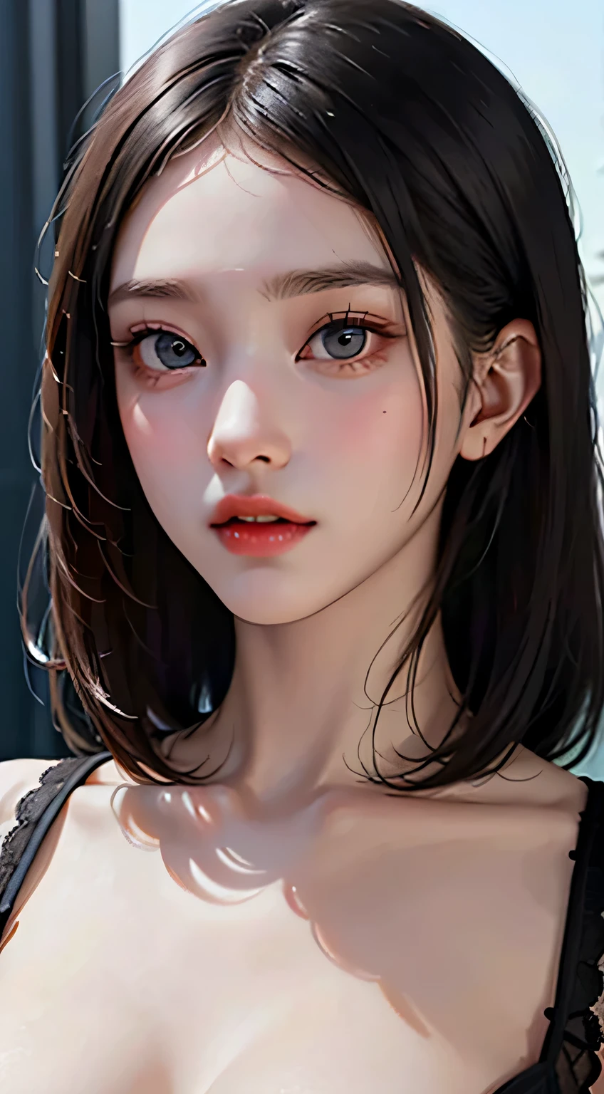 (((NSFW1.5))), 20 year old woman、black haired、(top fade:1.3)、dark theme、calm tone、calm colors、high contrast、(natural skin texture、hyper realism、soft light、sharp)、(Masseter muscle part:1.3)、(8K、Photoreal、RAW photo、highest quality: 1.4)、beautiful expression、(lifelike face)、beautiful hairstyle、realistic eyes、beautiful details、(real looking skin)、beautiful skin、(black lace bodysuit)、absurd、attractive、超A high resolution、surreal、high detail、golden ratio、Huge 、Supermodel