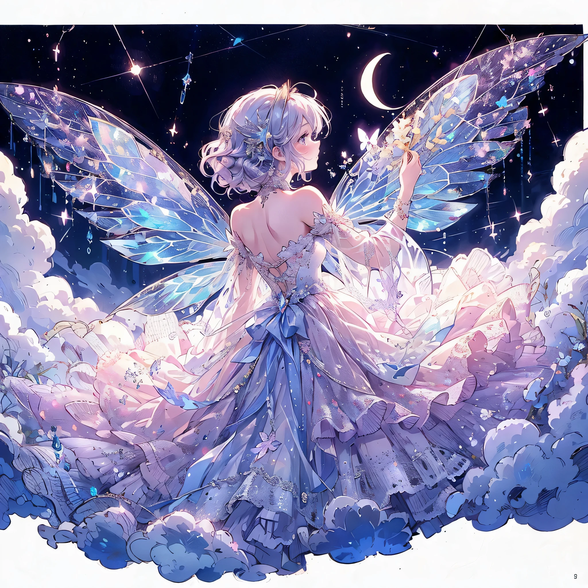 (exquisite, beautiful, very detailed, masterpiece, high quality,High resolution),(body whole,from a little far away,from the top of the head to the toes),(design art,Soft thin lines:1.2, beautiful and delicate face,Transparent illustration),(fairy princess,Has butterfly-like fairy wings),Under the night sky, a fairy holds a star,(幼いfairy princess,Has butterfly-like fairy wings), ((Moon-inspired ball gown dress,dress,pastel colour,Fairy wings from the back)),(night,full moon,moonlight,shooting star,meteor,starry sky), ((fun,smile)), (medium hair:1.5), (small star tiara,earrings,beautiful choker,Gold ankles),(deep pink cheeks,plump pink lips,big bust,Fair skin, good style), (pastel colour,bright atmosphere,colorful,highly saturated,fantasy),
