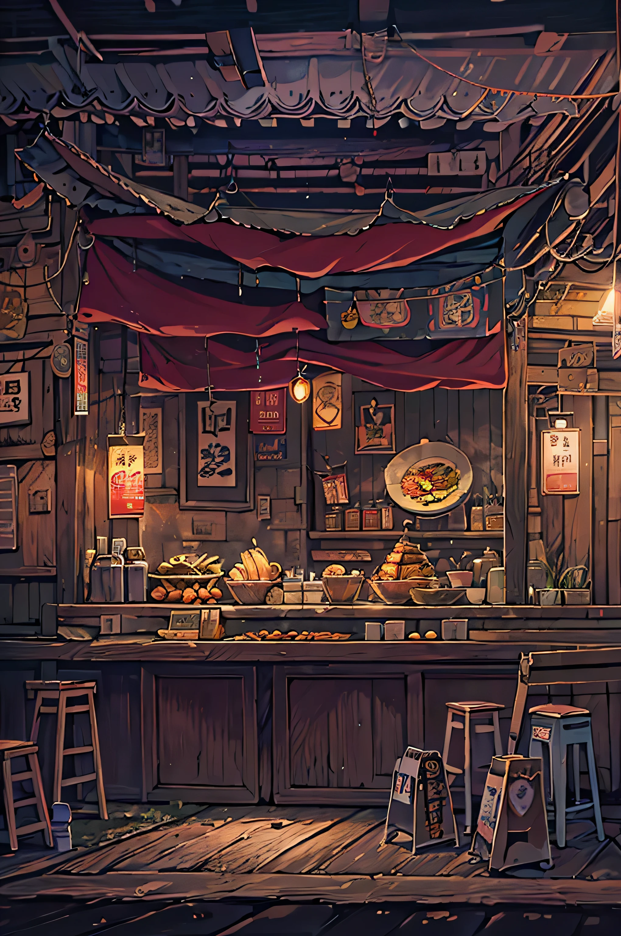 (masterpiece), best quality, very detailed, fantasy art, Oriental traditional restaurant, Korean traditional restaurant atmosphere, Indoor food stall atmosphere, Old atmosphere from the 1600s, Shown only as background, no people, Lighting in a dark atmosphere in the middle of the night,