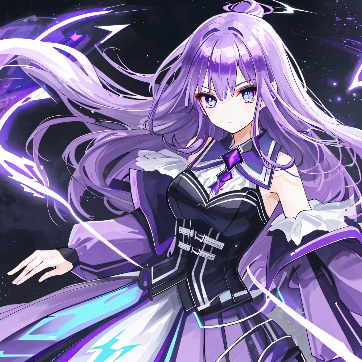 1 girl, purple hair, blue eyes, Lightning shape pupils, ((purple thunder magic emitting)), Royalty dress,