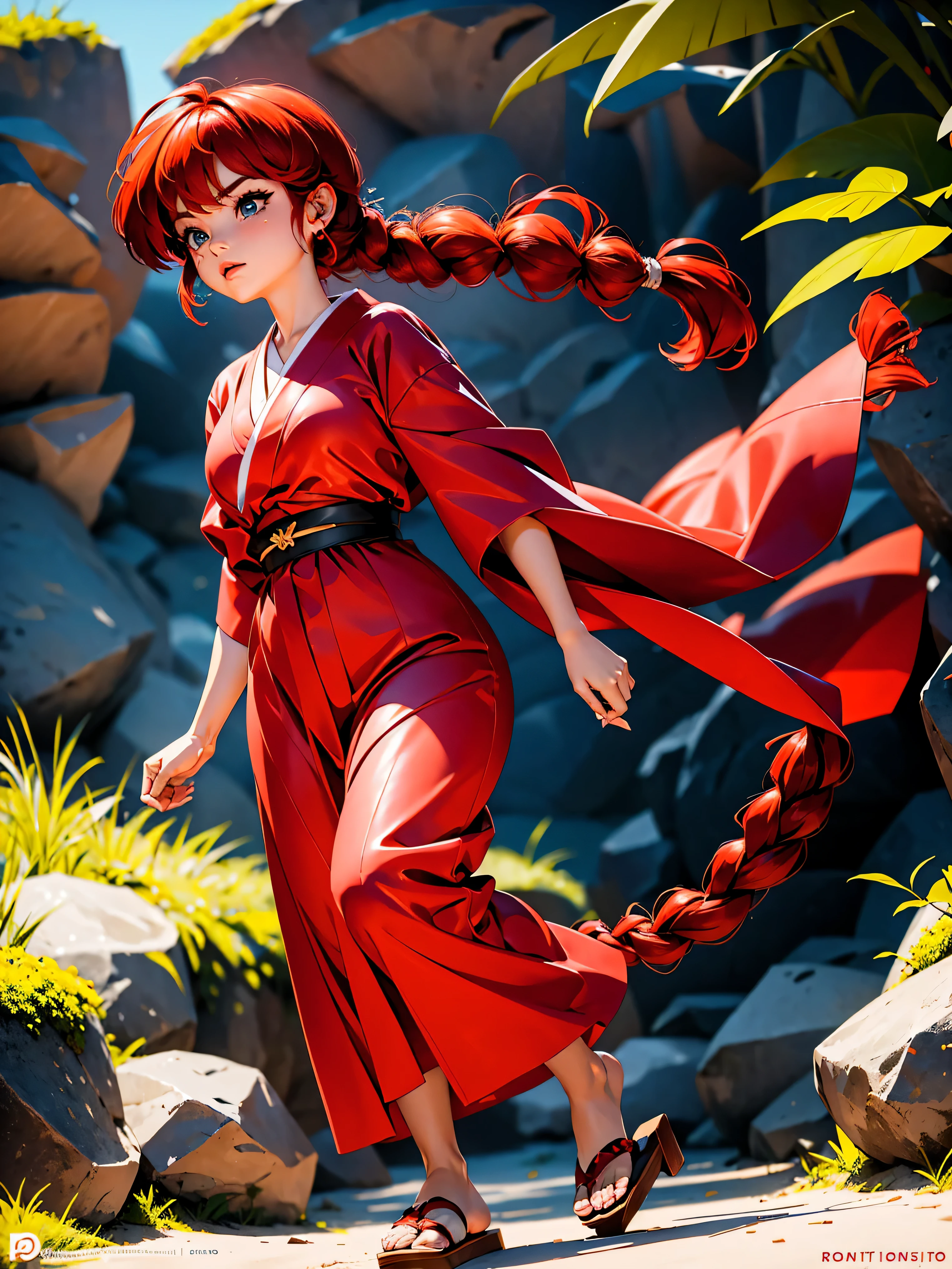 Garota anime ruiva com ears fix e vestindo kimono vermelho, 16 anos, corpo bonito, seios grandes, with hands behind head, running your hands through your hair, Garota sexy, red short hair with braid, mechas de cabelo laterais, mechas de cabelo na lateral do rosto, beautiful lighting, sombras suaves, olhos azuis, pernas bonitas, short hair with braid, estilo anime, Ranma Chan, Autora Rumiko Takahashi, Baseado em obra de Rumiko Takahashi, Anime Ranma 1/ 2, decote sexy, quadril robusto, corpo inteiro, corpo inteiro, busto grande, garota jovem com orelhas de raposa, corpo belo e bonito, sandals on his feet, garota 16 anos jovem baixa estatura, usando kimono vermelho, garota anime, estilo anime, beautiful feet in sandals, front view angle, ao ar livre, red hair braid, ears fox, postura ereta, olhos grandes, quimono red