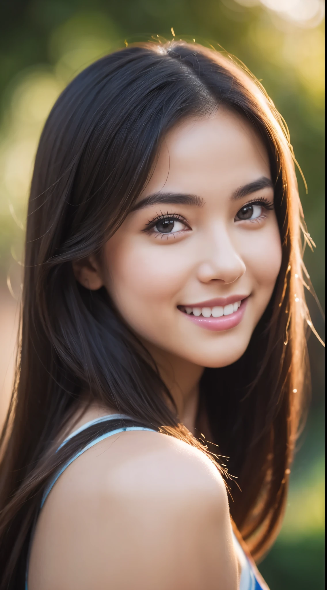 Drawing Portrait girl beautiful Bokeh Pelzval. 8K HDR, Photography. Smile cute.