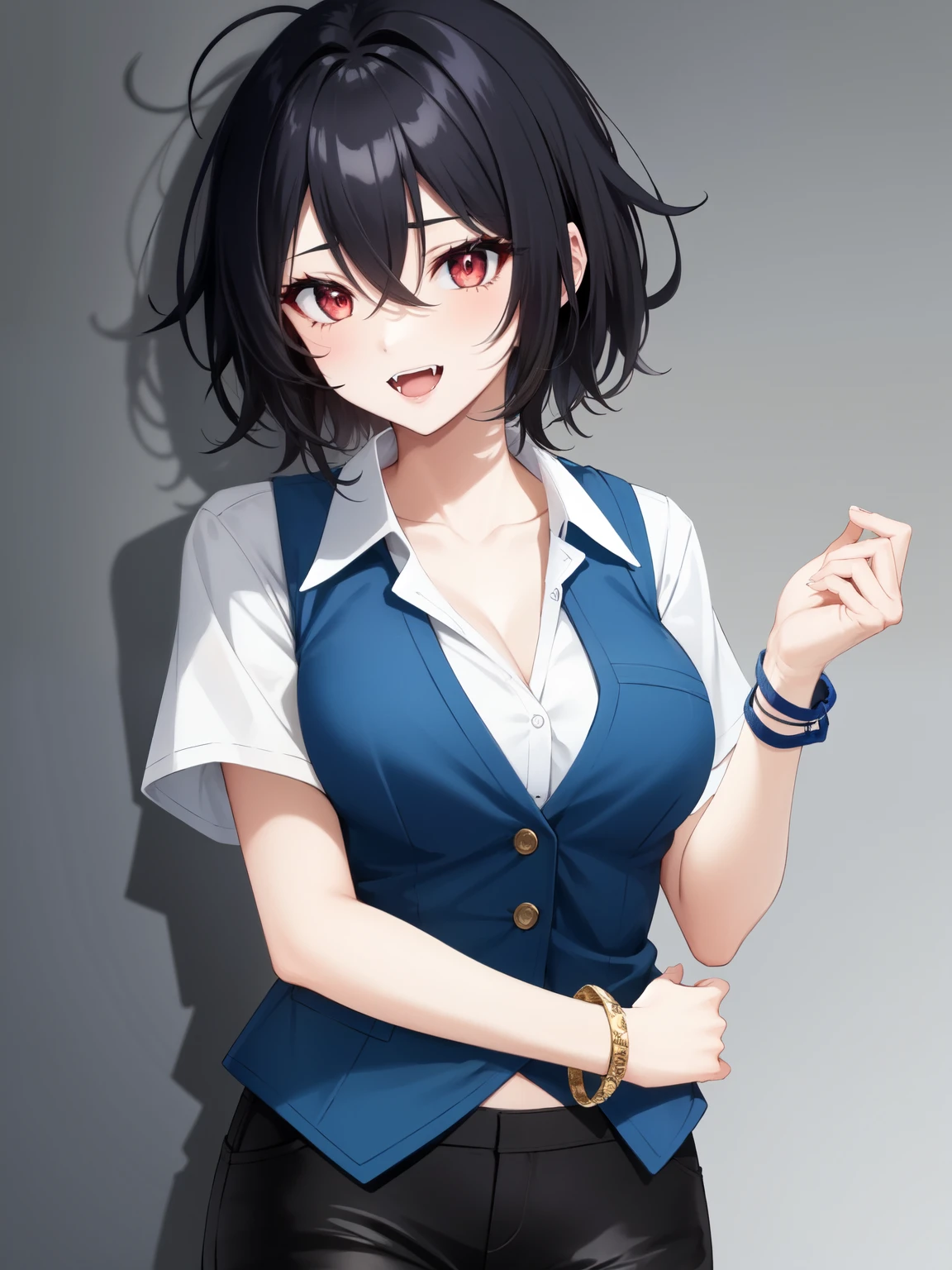 lineart, 1girl, solo, mature female, (pale skin:0.9), red eyes, black hair, (wavy hair:0.1), messy hair, short hair, hair between eyes, wolfcut, pixie cut, makeup, collarbone, punk, emo, medium breasts, white buttoned shirt, short sleeves, blue waistcoat, blue vest, black shorts, bracelets, hugging, (open mouth:0.4), (fangs:1.2), cowboy shot