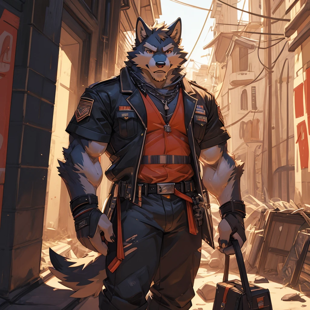 masterpiece, best quality, furry, wolf, handsome, detailed eyes, masculine, sweaty, construction worker, bara, musk, musky, construction site, construction outfit,topless