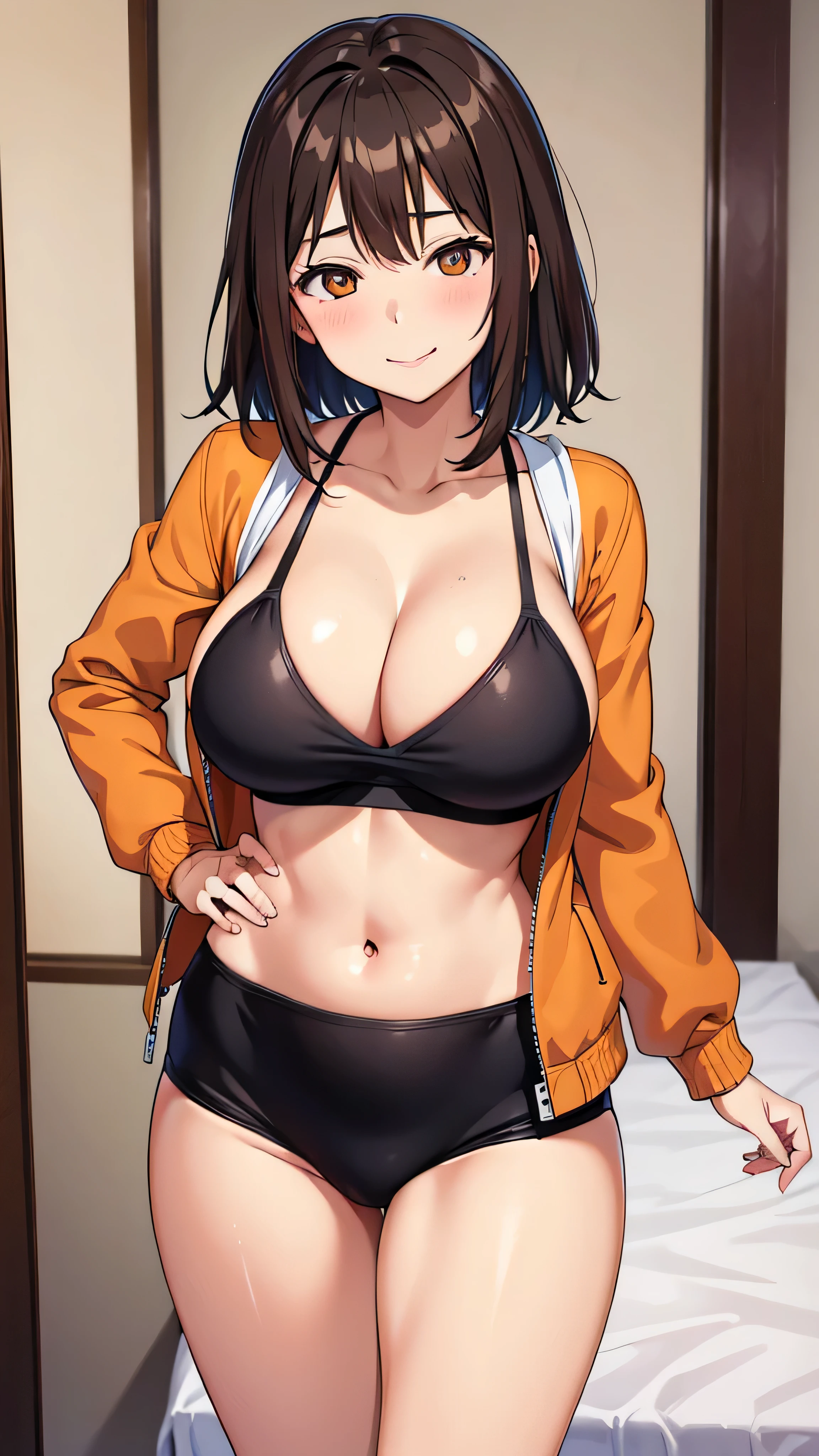 (((masterpiece))),fuyumi itadori, Anime girl characters, 1girl, solo, looking at viewer, medium hair, brown hair,orange eyes, long sleeves, cleavage, bigger breasts, clsed mouth, smile,collarbone, jacket, open clothes, open jacket, blue jacket, ground vehicle, sports bra, tall girl, horny, big ass, beautiful face,Charming, Tight-fitting clothing, hd picture, 4k quality, details of the face is so good,uhd picture, smile face, Flirting,All bodies visible, Standing pose,stand, Japanese face, anime style picture, 