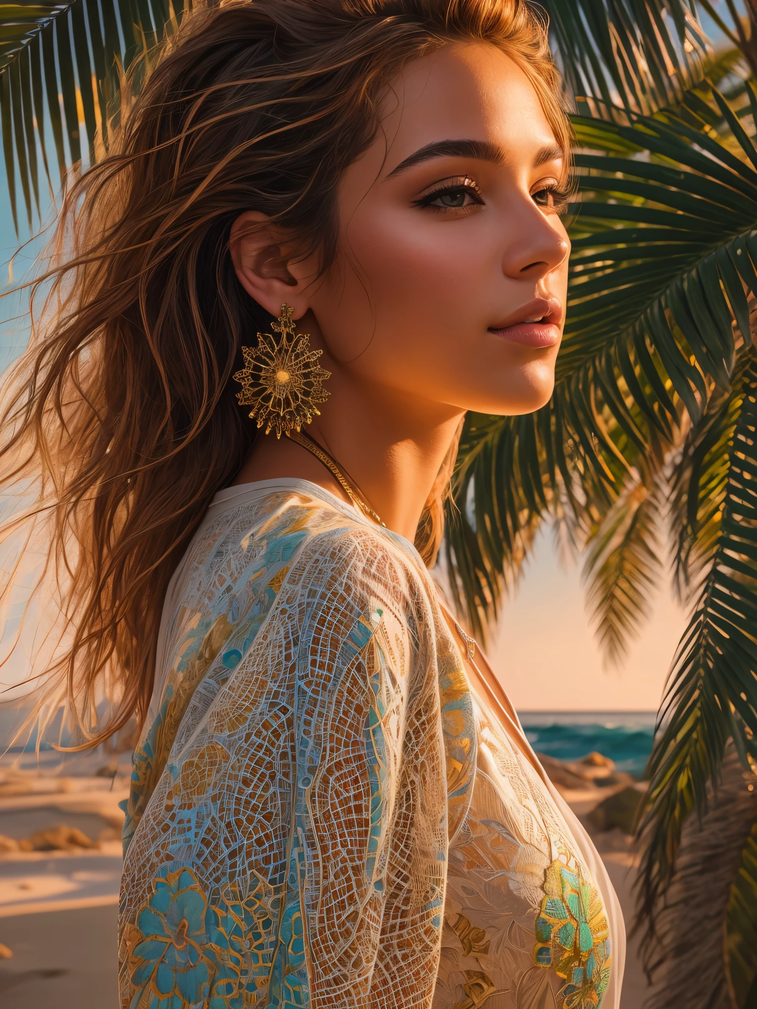 A stunning portrait of a beautiful woman, capturing every detail in high-resolution and ultra-detailed realistic style. Her lifelike colors radiate a vibrant palette, reflecting the warm hues of a glowing sunset over a tranquil beach scene. The photorealistic image showcases the intricacies of her features, bringing out the true textures of her skin under the HDRI lighting. The professional composition utilizes both sharp focus and bokeh, perfectly balancing the depth of the scene and highlighting the physical beauty of the subject. Set against the backdrop of crashing waves and lush palm trees, this image is a true masterpiece of physically-based rendering, beautifully