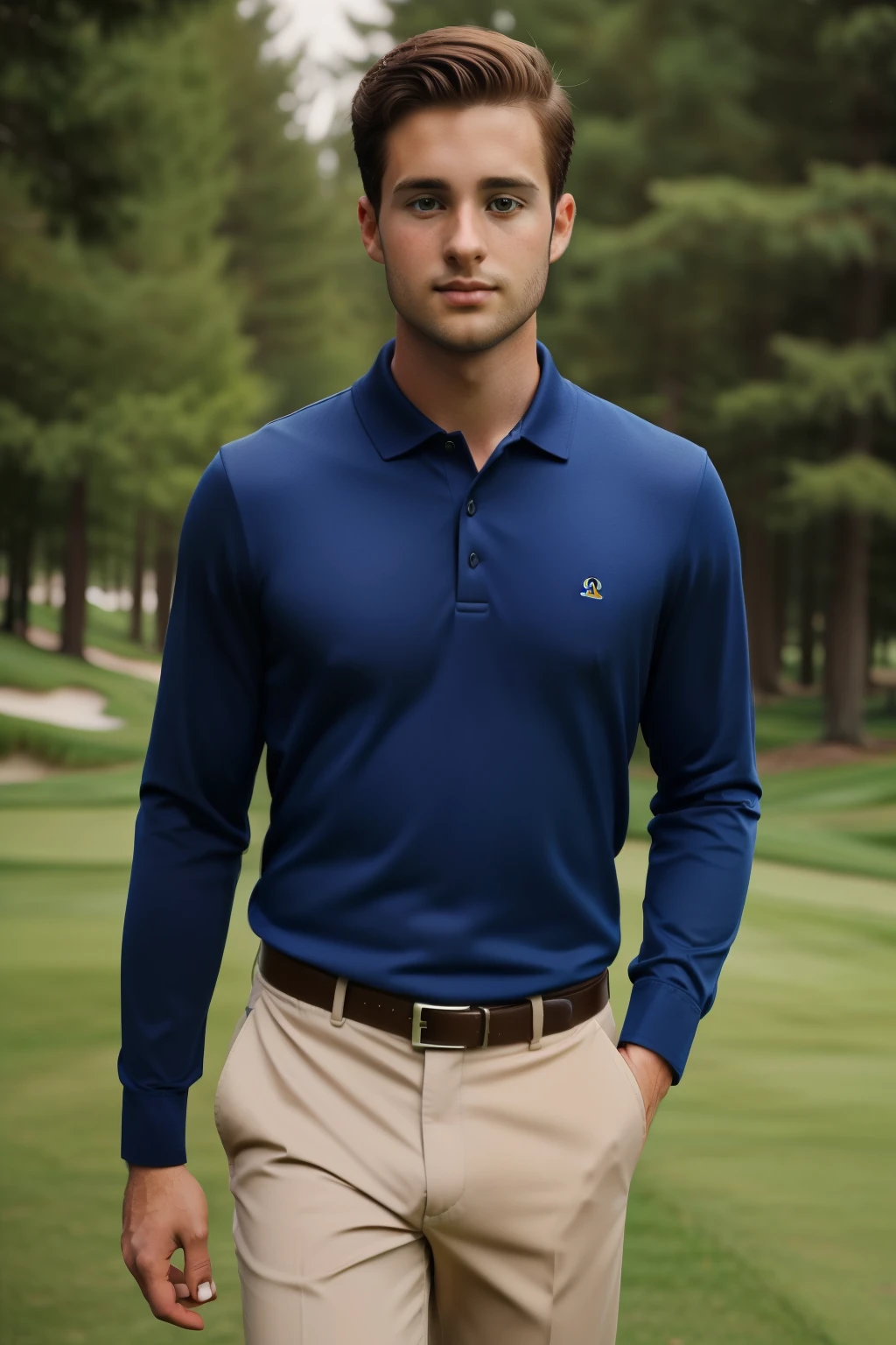 Little Wing, Wisconsin, 2014. A young ((((30-year-old)) Kip Cunningham)), well-groomed, refined features, sophisticated, polished, confident, playing golf. ((((taylored clothings from the 2010s)))), ((neatly styled auburn hairstyle of the 2010s))