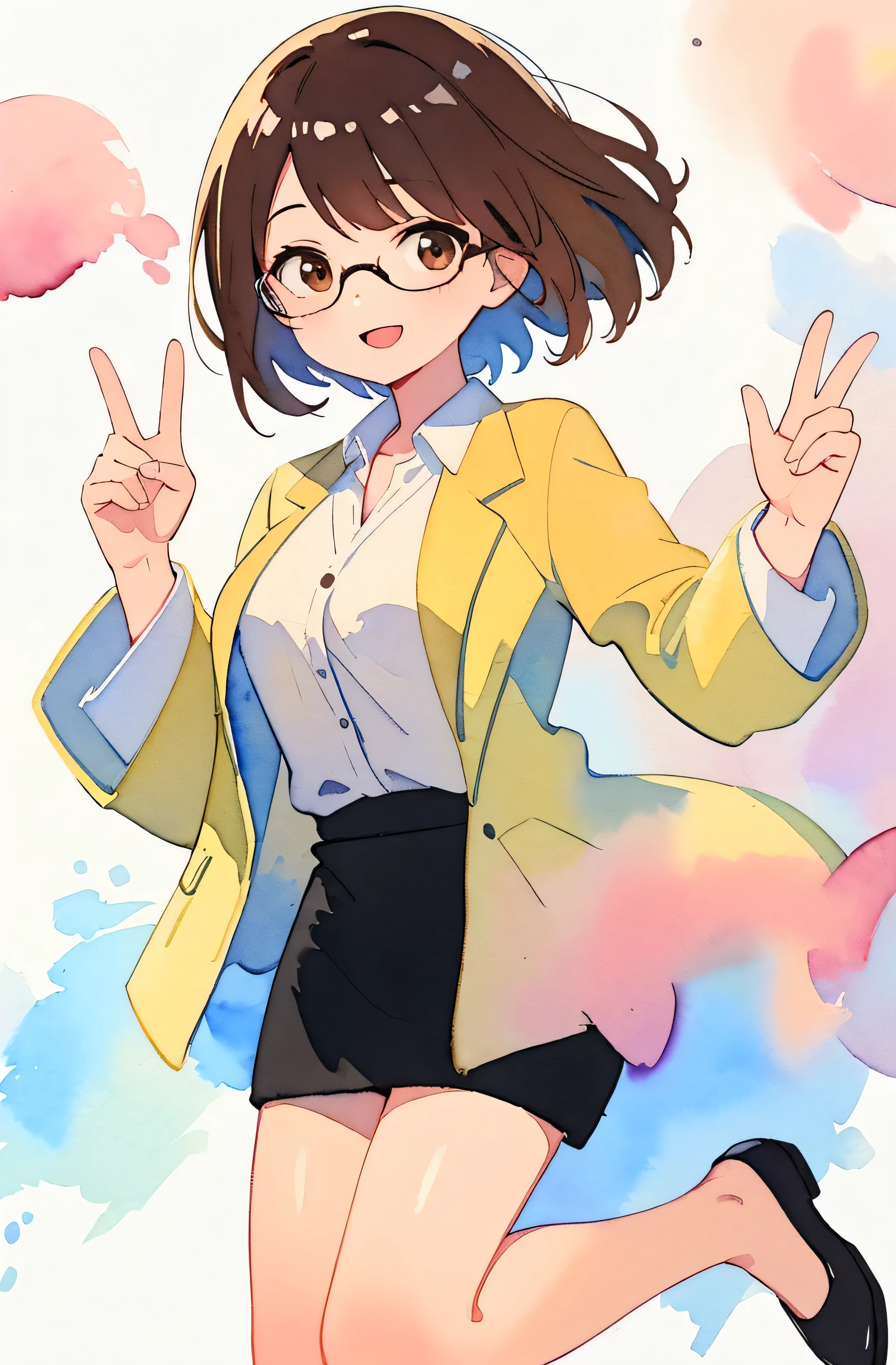 (best quality,ultrares,masterpiece:1.2) (watercolor: 1.5) (pastel colors: 1) 1 Asian office lady, Glasses, Warmly smiling at you, Beige jacket, Black dress, Black flats, Long Brown hair and brown round eyes, White background, Peace sign, 