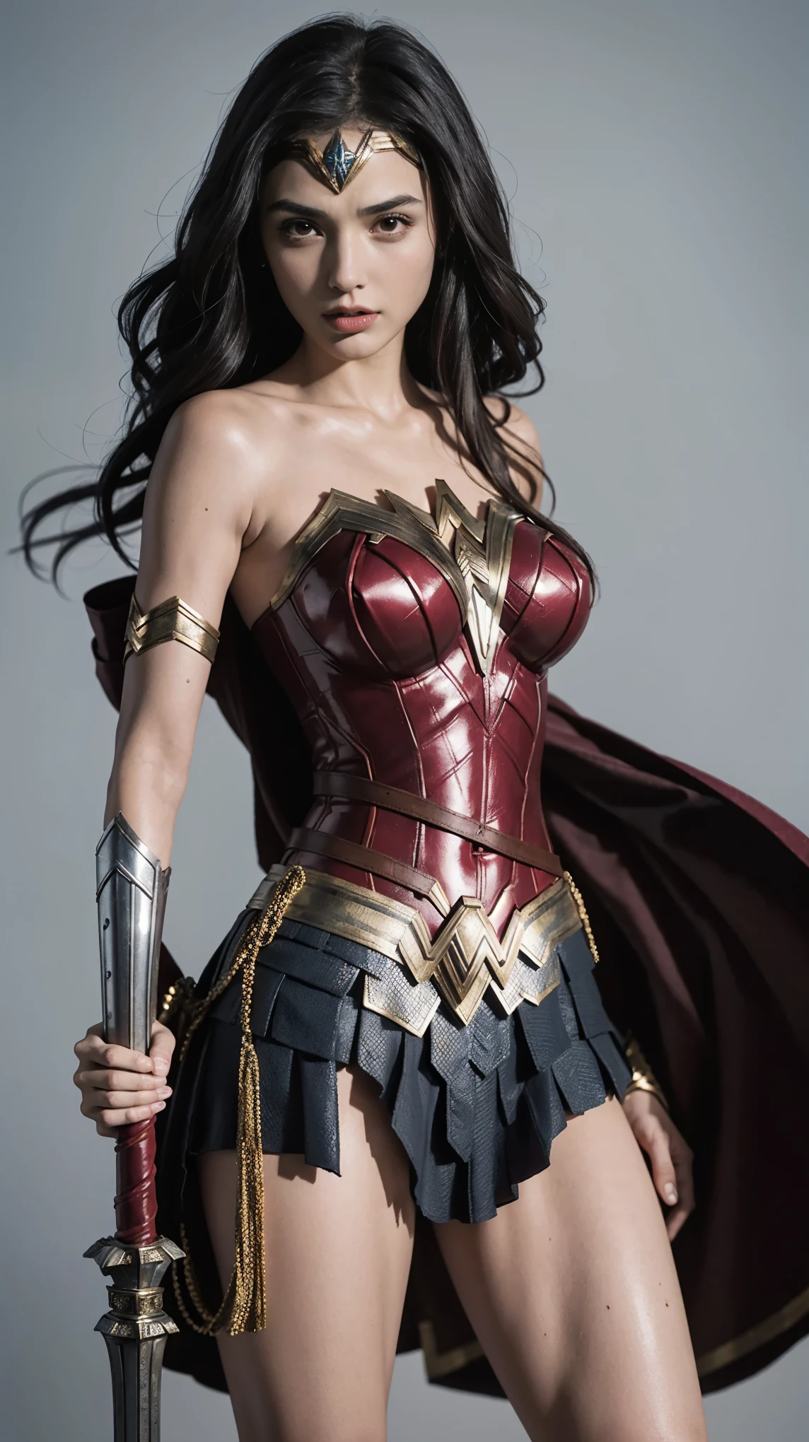 wearing costume、woman holding sword and shield, Gal Gadot as hell lord, Gal Gadot as wonder woman, hybrid of Gal Gadot, sexy painting of Gal Gadot, film still of Gal Gadot, wonder woman, dwayne johnson as wonder woman, Gal Gadot, photo of the beauty Gal Gadot, candid photo of Gal Gadot,(high resolution,Super detailed,Lots of details),(Clothes texture)masterpiece