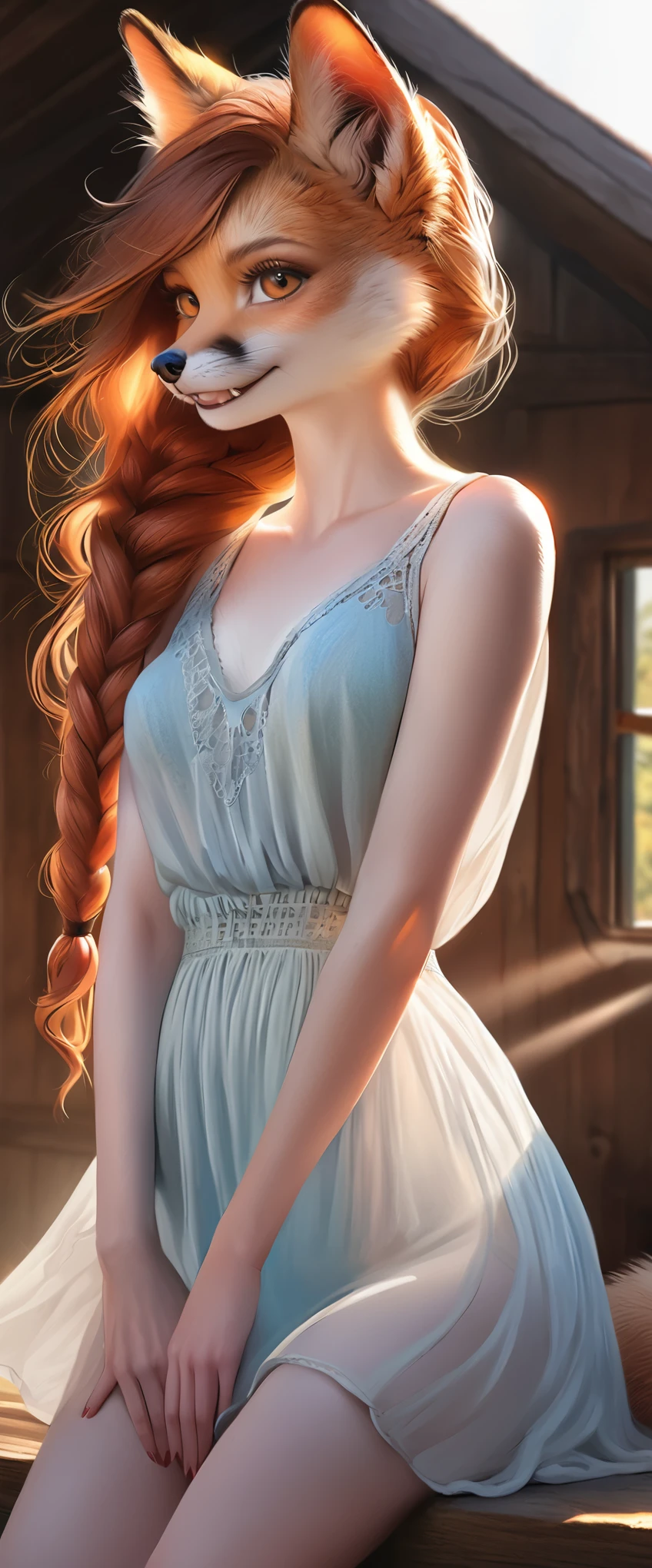 ((masterpiece, highest quality, Highest image quality, High resolution, photorealistic, Raw photo, 8K)), (huge stunning goddess shot, very hot and sexy, jaw-dropping beauty, perfect proportions, beautiful body, slim body beauty:1.4), Anthropomorphic redhead fox anime character, Big round eyes, cute face, fox ears, fox tail,cute smile, alluring, table top, translucent summer dress, golden hour, detailed texture, long braided hair, sitting on bed, posing, casual pose, wood cottage, interior, aesthetic, complex, caustics, light rays, sunlight, highly detailed, (semi-realistic:1.2), niradev, redhead,
