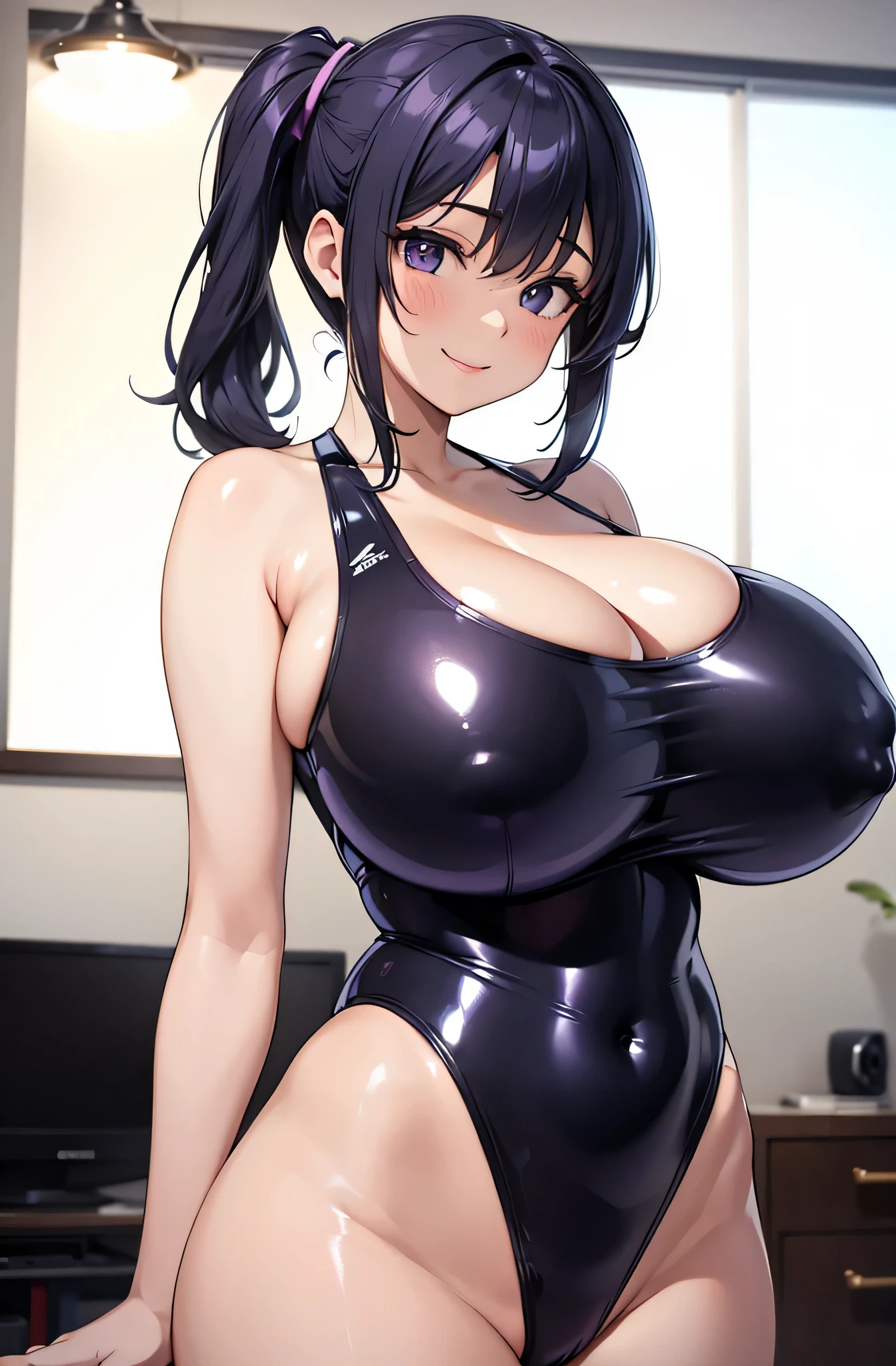 (1girl:1.5),(under breasts:2.0),(living room:1.5),(Smile Beam:1.5),((huge breasts:1.9)),(huge saggy breasts:1.9), ((cleavage:1.5)),(latex:2.0),((purple and blue competition swimsuit:1.5)),((High leg:1.5), 40 years old,masterpiece,hyper quality, very detailed,perfect picture,3D,8k,High resolution,seductive anime girl, medium hair:1.3,black hair,(black eye:1.5),sporty hairstyle,Smooth anime CG art,