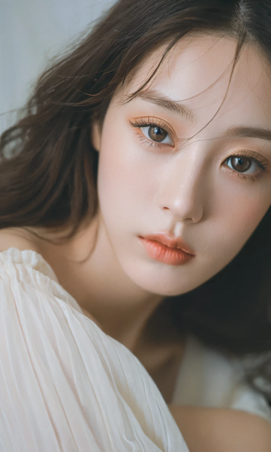 xxmixgirl,Thorough, analog style, eye focus, highest quality, (highly detailed skin), photo of a exquisitely beautiful pale skin, 21yo, perfect face, alluring eyes, [seductive makeup], skin pores, indoor, messy bedroom, (bokeh:1.2), sharp focus, dappled lighting, (backlighting), film grain, photographed on a Sony A7R IV, 18mm F/1.7 cine lens, (highly detailed, intricately detailed), 8k, HDR, seductively posing, front view, (uppper body: 1.2), studio light, Ultra-detailed face, Detailed eyes, Double eyelid, alice toggle, brown eye, (commercial), doll face, white studio background