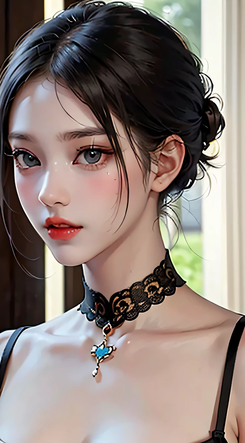 (((NSFW1.5))), 20 year old woman、black haired、(top fade:1.3)、dark theme、calm tone、calm colors、high contrast、(natural skin texture、hyper realism、soft light、sharp)、(Masseter muscle part:1.3)、(8K、Photoreal、RAW photo、highest quality: 1.4)、beautiful expression、(lifelike face)、beautiful hairstyle、realistic eyes、beautiful details、(real looking skin)、beautiful skin、(black lace bodysuit)、absurd、attractive、超A high resolution、surreal、high detail、golden ratio、Huge 、Supermodel