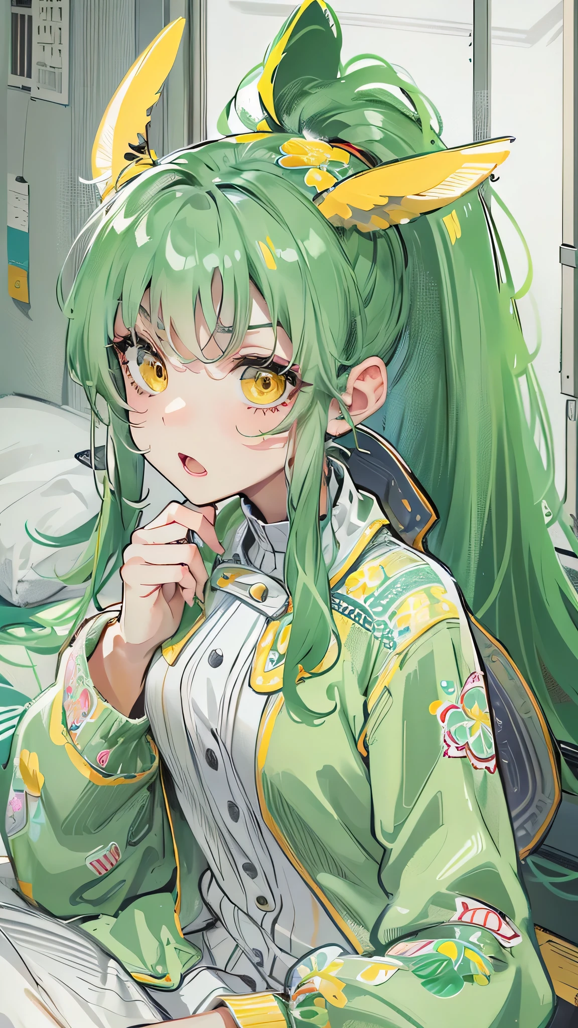 perfect anatomy, masterpiece:1.4, best quality, 8k, beautiful detailed grow, daydreaming expression, in the bedroom, break, (in a cute pajamas, solo ponytail green hair long hair cute girl, 15 yo, angry yellow eyes), (surprise:1.4 face, open mouth).