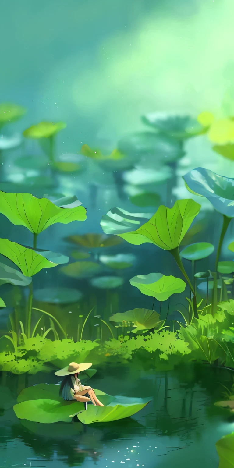 There was a woman sitting on a lotus leaf in the pond, Surrounded by lush environment of lotus leaves and lotus flowers, Natural park atmosphere, background environment. 8k, plants environment, Inspired by Goro Fujita