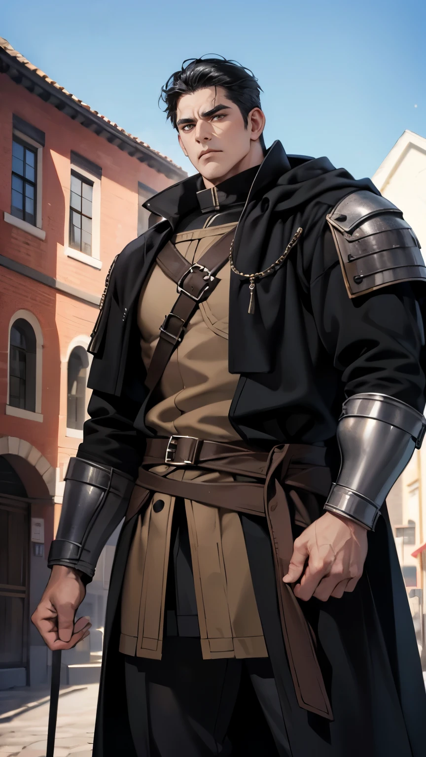 Middle aged man, Eyes looking to camera, Perfect male body, epic character, (mercenary, Tall and strong, muscular,black hair,Frown, black coat,stand in medieval town),dramatic shadow, Ray Tracing,(masterpiece, high resolution, perfect eyes, ultra - detailed:1.0)