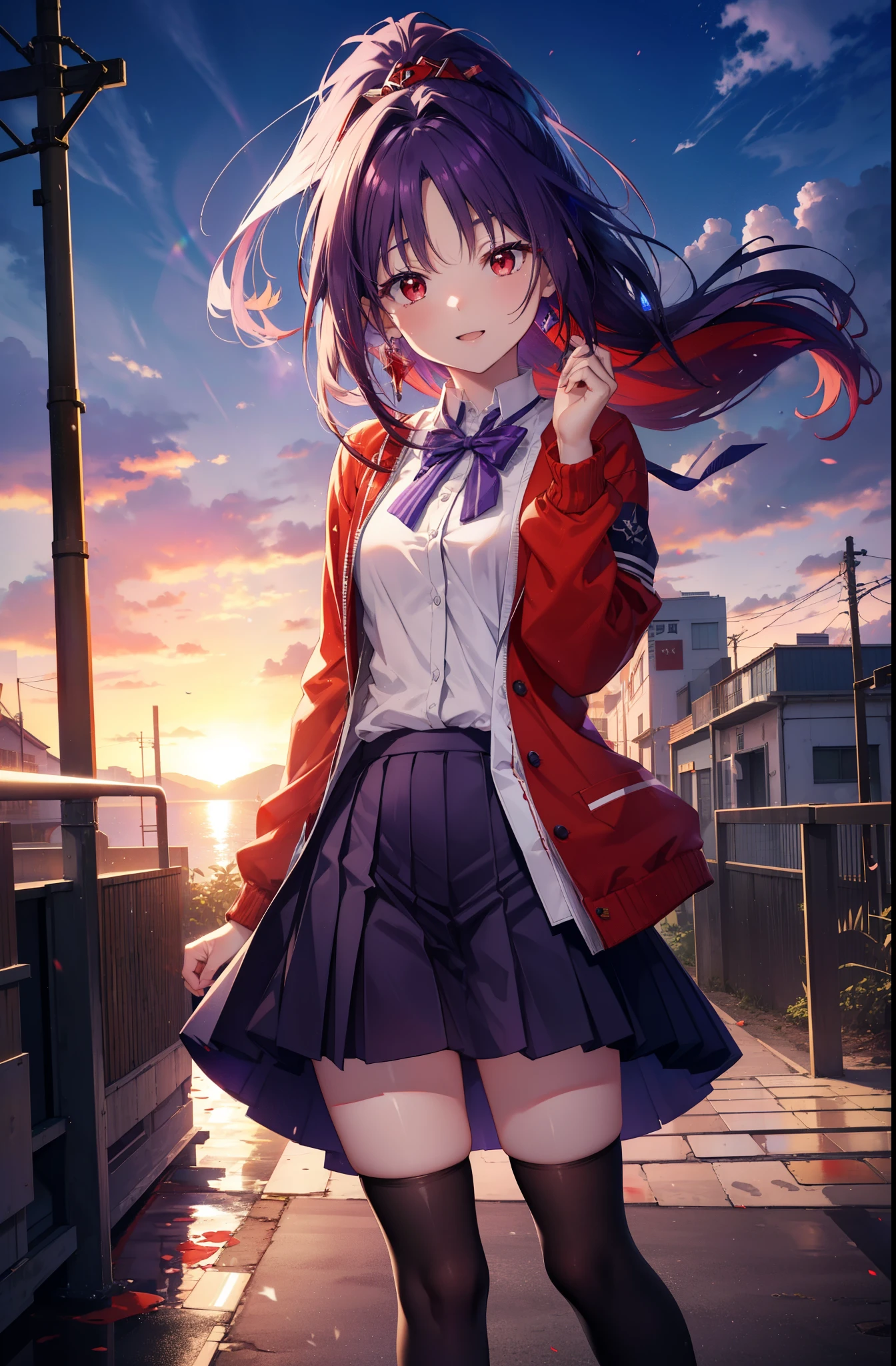 yuukikonno, Yuki Konno, hair band, long hair, pointed ears, purple hair, short braided hair,ponytail,(red eyes:1.5), (small breasts:1.2), happy smile, smile, open your mouth,White Y-shirt,Red cardigan,purple blazer,Purple pleated skirt,white knee socks,evening,sunset,下校中
break looking at viewer, Upper body, full body,
break outdoors, In town,building street,
break (masterpiece:1.2), highest quality, High resolution, unity 8k wallpaper, (figure:0.8), (detailed and beautiful eyes:1.6), highly detailed face, perfect lighting, Very detailed CG, (perfect hands, perfect anatomy),