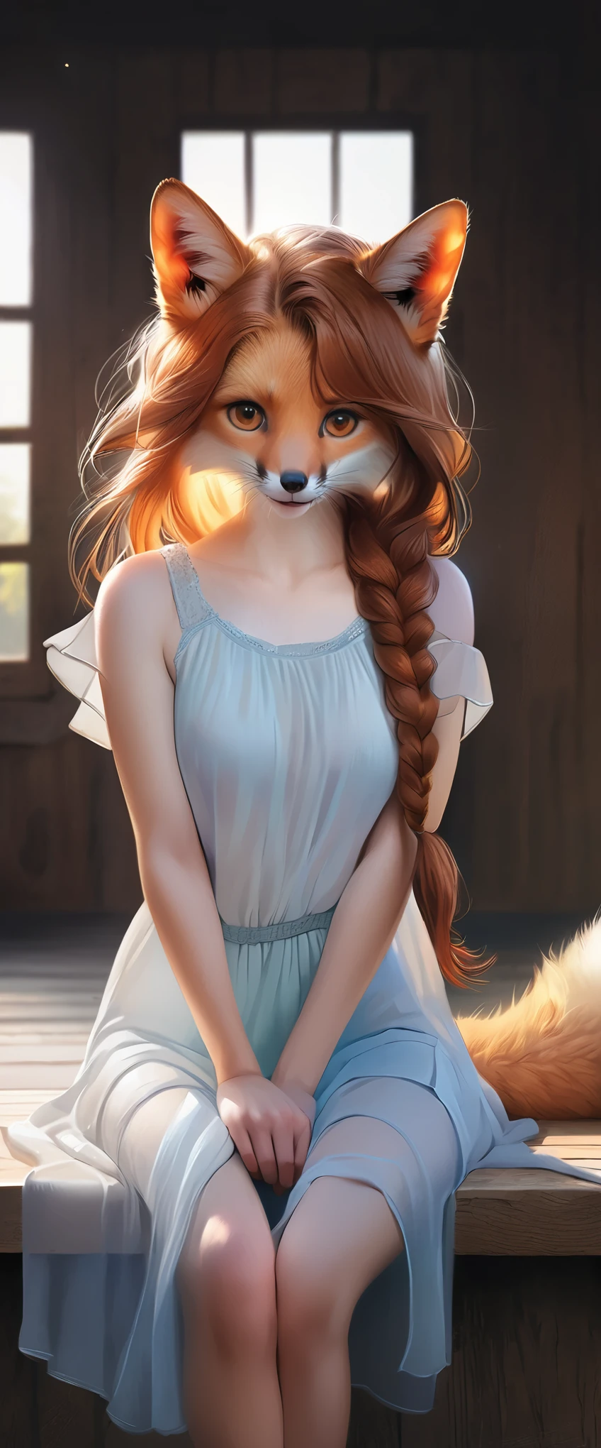 ((masterpiece, highest quality, Highest image quality, High resolution, photorealistic, Raw photo, 8K)), (huge stunning goddess shot, very hot and sexy, jaw-dropping beauty, perfect proportions, beautiful body, slim body beauty:1.4), Anthropomorphic redhead fox anime character, Big round eyes, cute face, fox ears, fox tail,cute smile, alluring, table top, translucent summer dress, golden hour, detailed texture, long braided hair, sitting on bed, posing, casual pose, wood cottage, interior, aesthetic, complex, caustics, light rays, sunlight, highly detailed, (semi-realistic:1.2), Sit with your legs apart, redhead, 