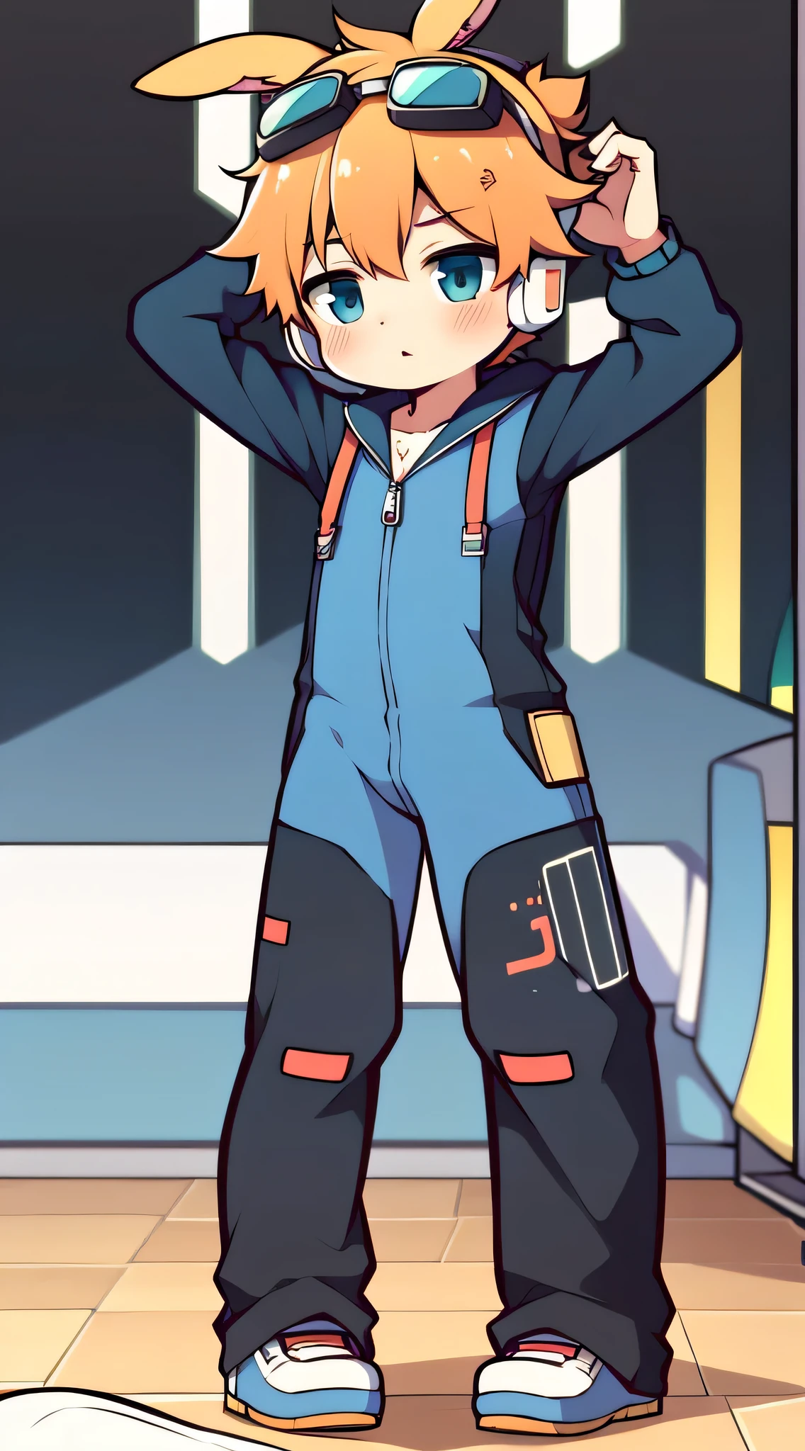 2D boy Shota,jumpsuit,Slim, healthy body,Put the headphones on your head,stand up,goggles,rabbit ears