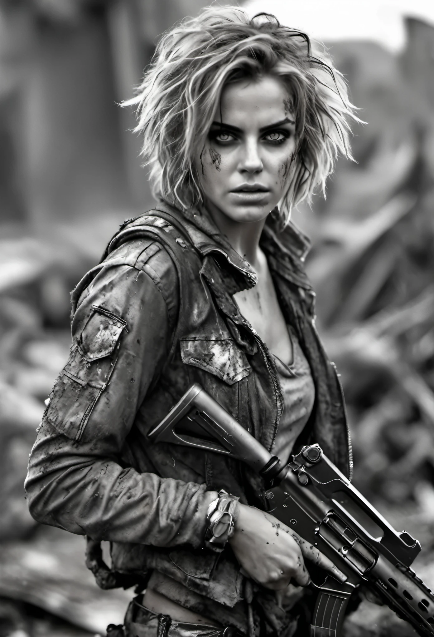 photorealistic, (Masterpiece photo in shades of gray, woman with disheveled hair and tiny post-apocalyptic clothes), cute sexy, holding a gun, in dinamic, splash and explosive, ultra sharp focus, Detailed face, short hair, Beautiful eyes, whole body, high quality black and white image