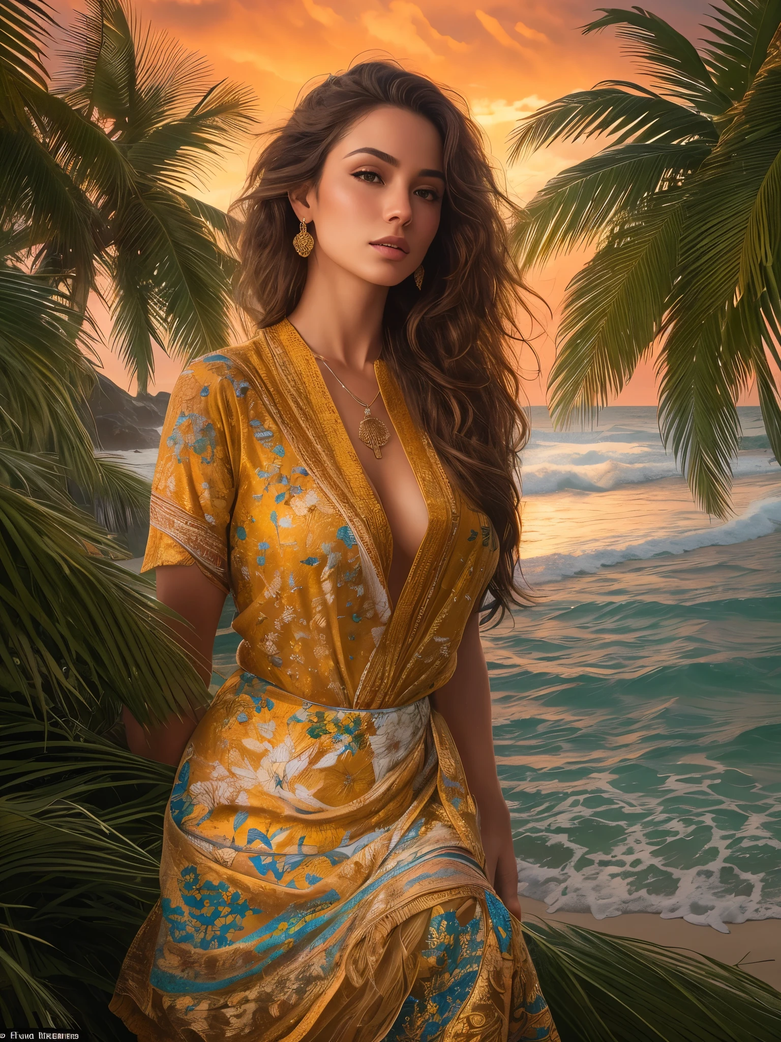 A stunning portrait of a beautiful woman, capturing every detail in high-resolution and ultra-detailed realistic style. Her lifelike colors radiate a vibrant palette, reflecting the warm hues of a glowing sunset over a tranquil beach scene. The photorealistic image showcases the intricacies of her features, bringing out the true textures of her skin under the HDRI lighting. The professional composition utilizes both sharp focus and bokeh, perfectly balancing the depth of the scene and highlighting the physical beauty of the subject. Set against the backdrop of crashing waves and lush palm trees, this image is a true masterpiece of physically-based rendering, beautifully
